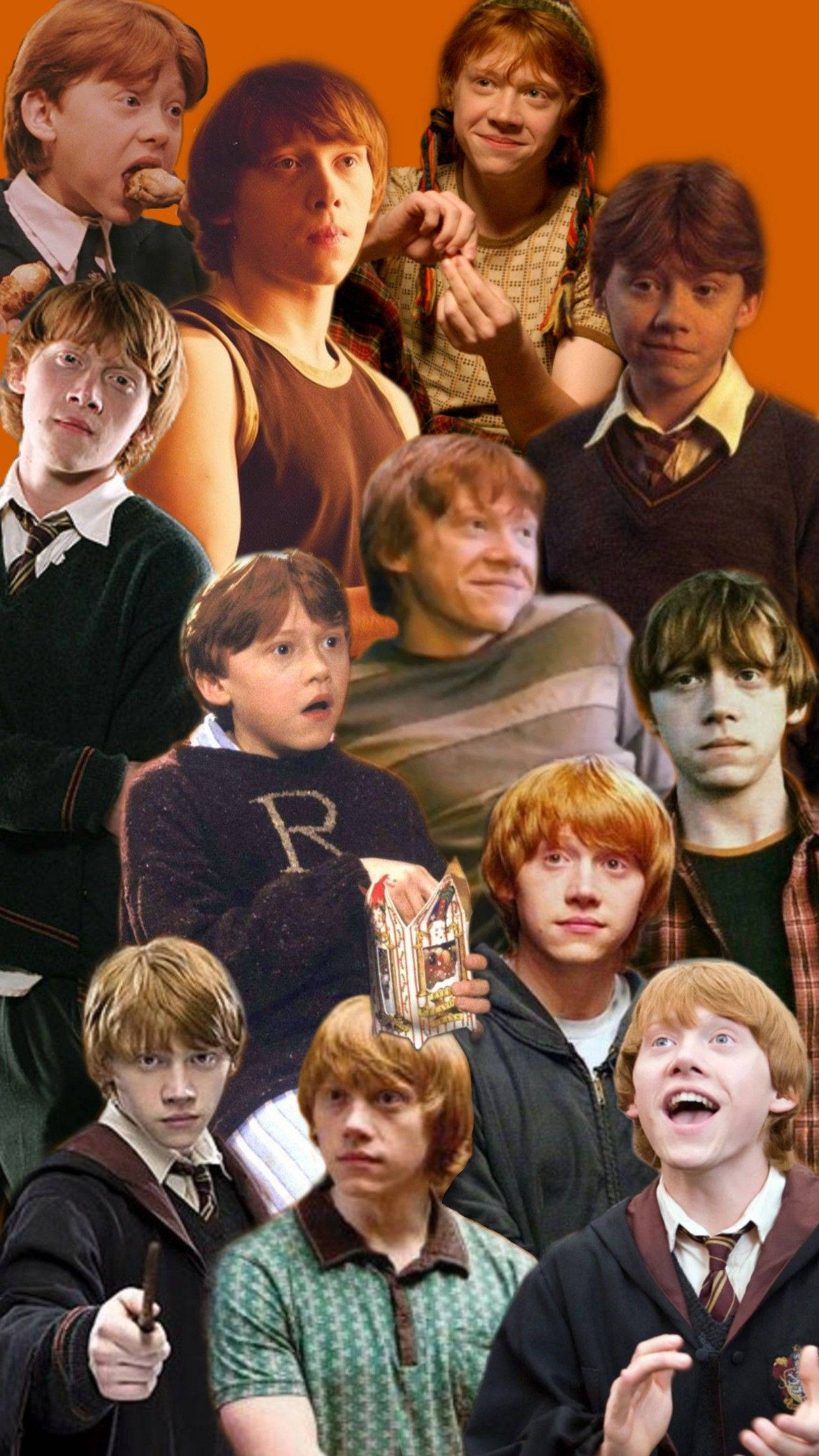 Ron Weasley 桌布 壁紙 — 一幅充滿活力的拼貼畫，展示了哈利波特中榮恩·衛斯理的多種表情和服裝，背景為溫暖的橙色。