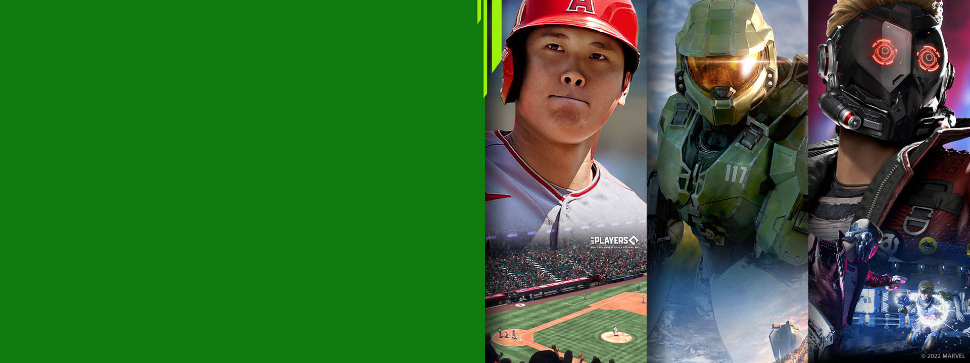 Xbox 桌布 壁紙 — 一幅充滿活力的拼貼畫，展示了四個標誌性角色：棒球運動員大谷翔平、Halo 的士官長和 Marvel 的星爵，每個人都穿著他們的標誌性裝備。