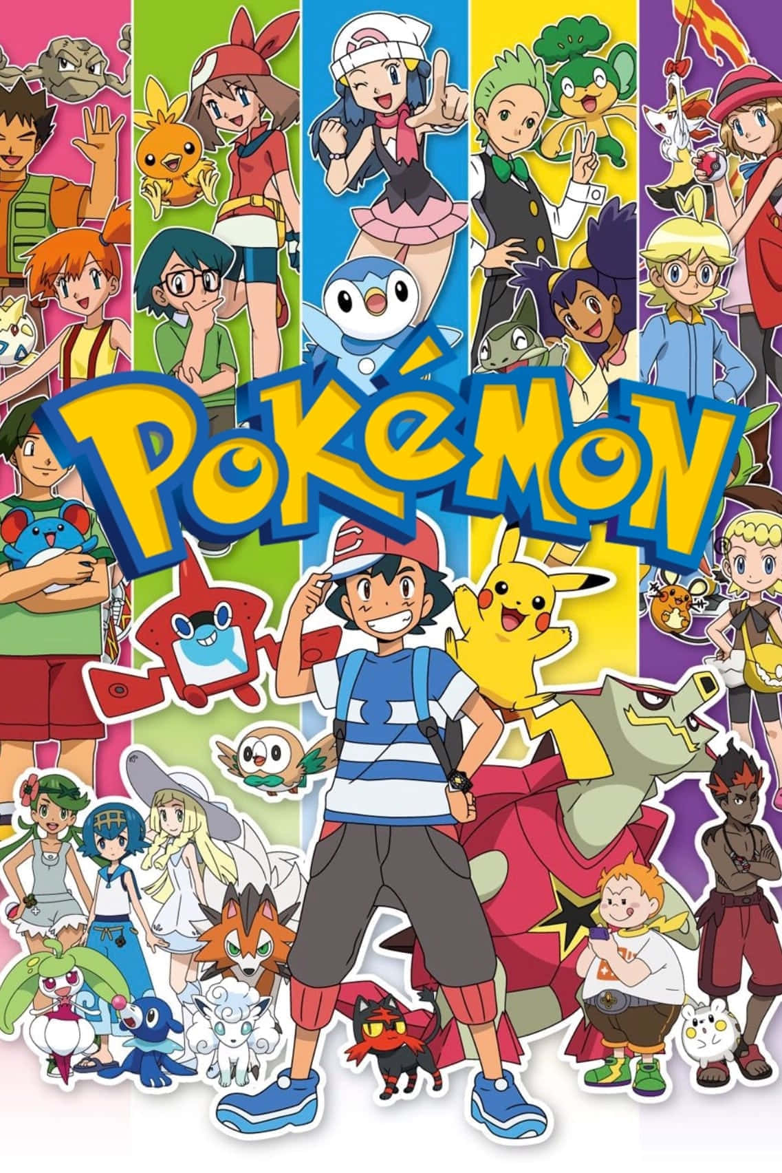 Pokemon Tv Shows 桌布 壁紙 — 一幅充滿活力的拼貼畫，展示了寶可夢動畫角色和訓練家圍繞著標誌性的黃色標誌愉快地擺姿勢。