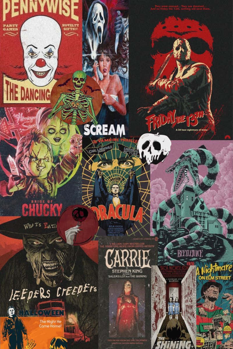 Horror Icons 桌布 壁紙 — 一幅充滿活力的拼貼畫，展示了標誌性的恐怖電影海報，包括小丑潘尼懷斯、鬼娃恰吉、傑森·沃爾希斯及其他可怕的惡棍。