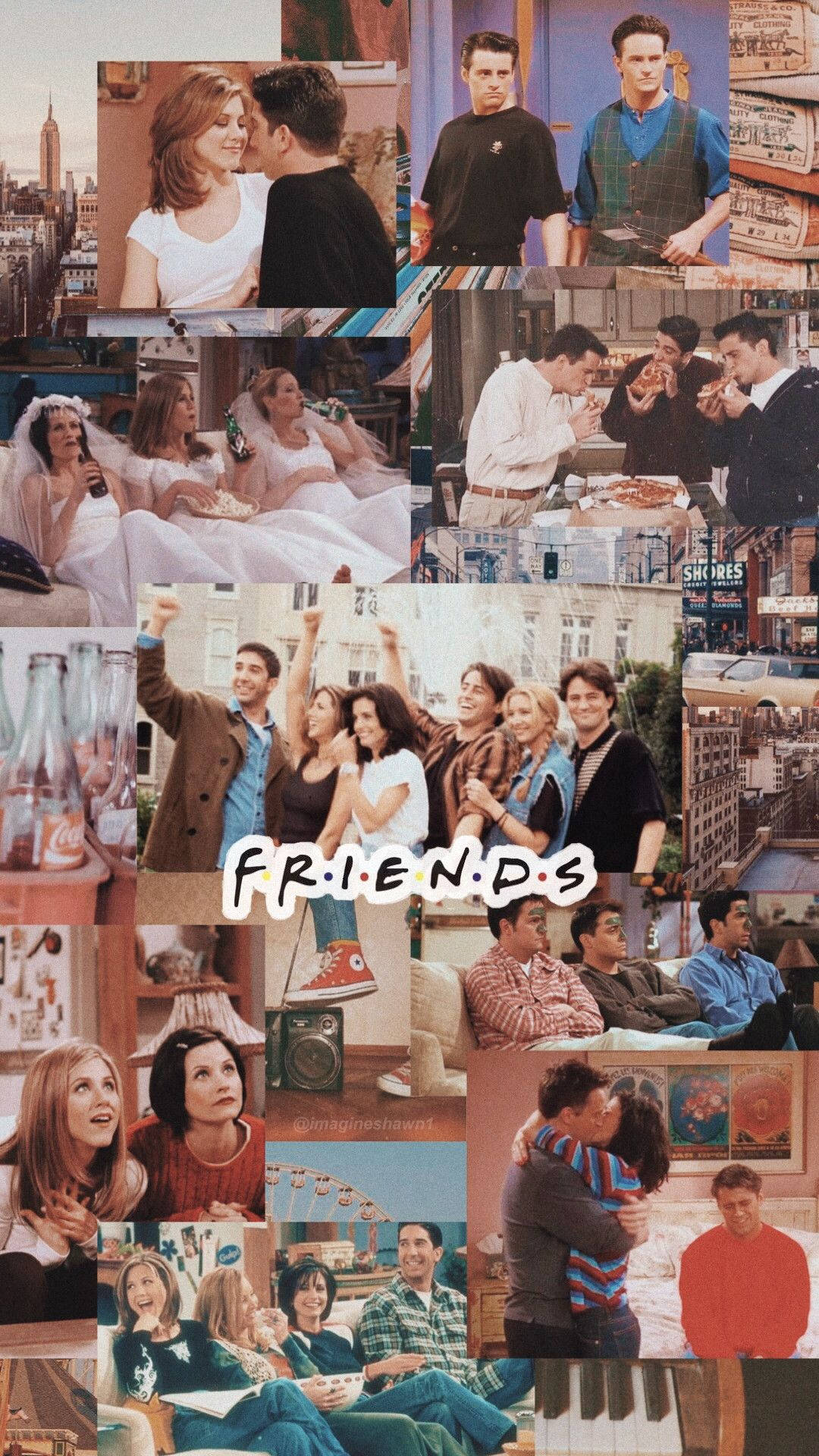 Friends Aesthetic 桌布 壁紙 — 一幅充滿活力的拼貼畫，展示了電視劇《六人行》中的標誌性時刻，主要演員出現在各種情感和喜劇場景中。