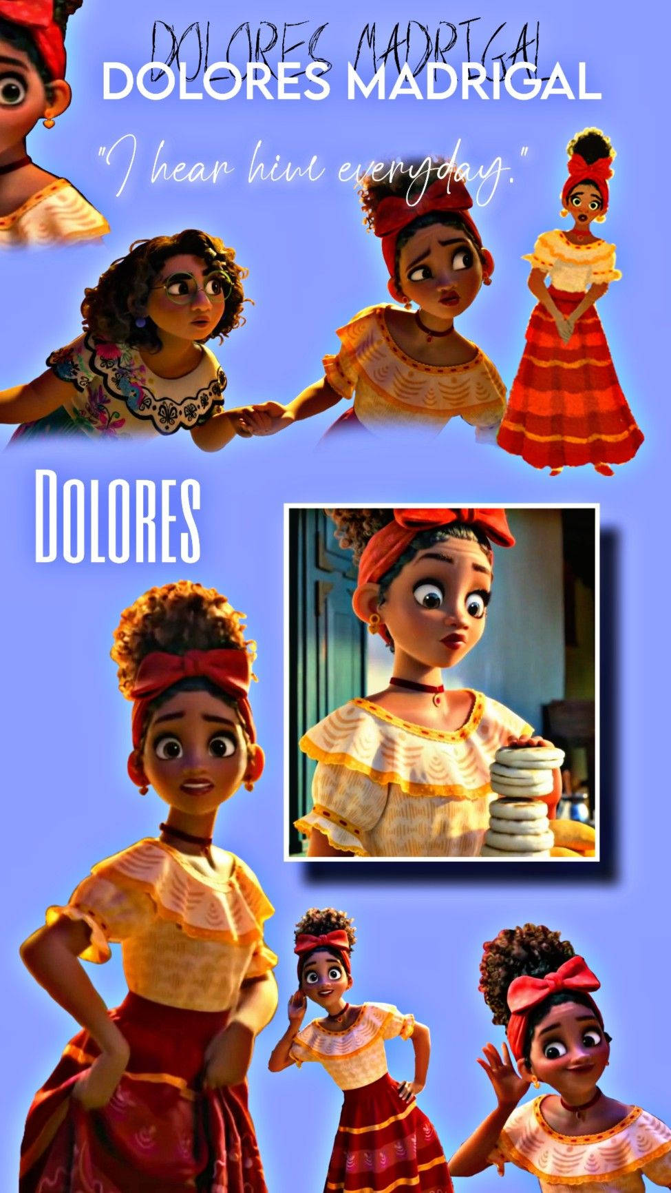 dolores 桌布 壁紙 — 一幅充滿活力的拼貼畫，展示動畫角色 Dolores Madrigal 以不同姿勢穿著傳統墨西哥服飾，背景為藍色。