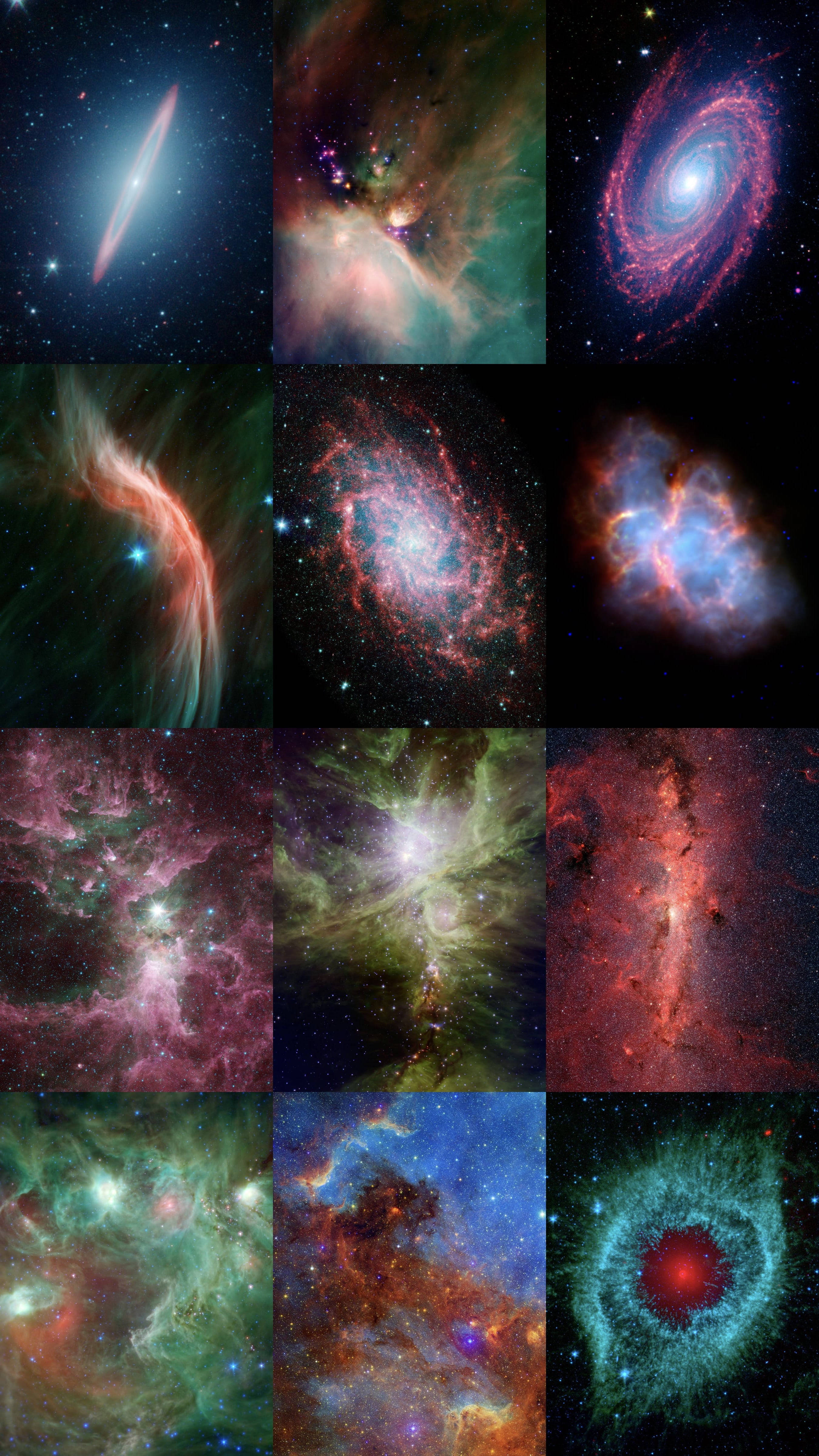 外太空 桌布 壁紙 — 一幅充滿活力的拼貼畫，展示十二個宇宙奇觀，包括發光的星雲、旋轉的星系和星團，以鮮豔的紅色、綠色、藍色和紫色呈現，背景為深邃太空。