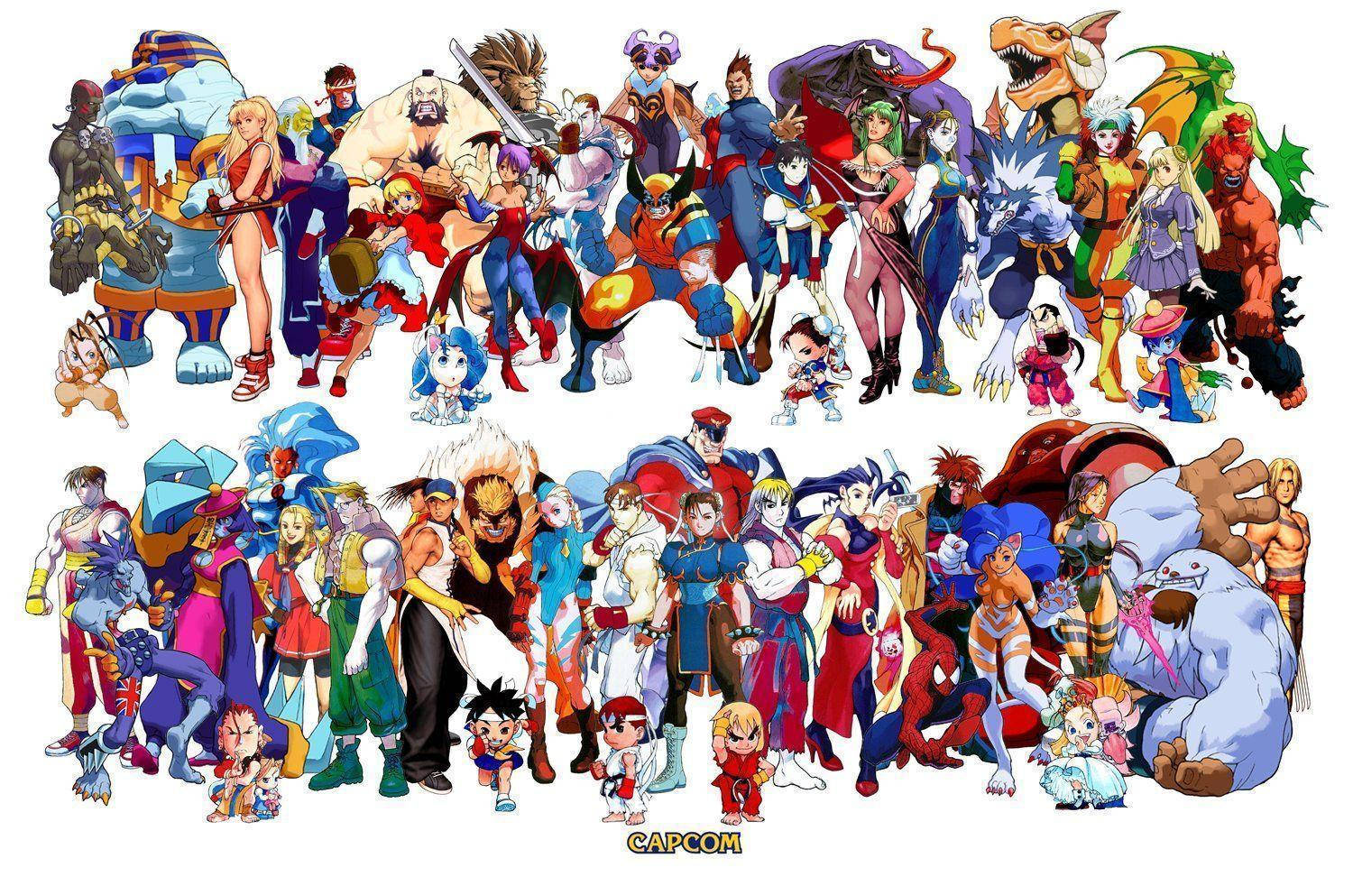 Capcom 桌布 壁紙 — 一幅充滿活力的拼貼畫，展示各種Capcom電子遊戲角色在純白色背景上擺出動態姿勢。