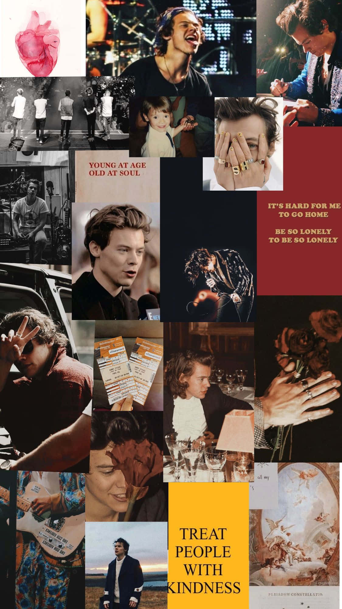 Harry Styles Collage 桌布 壁紙 — 一幅充滿活力的拼貼畫，展示哈利·史泰爾斯在各種自然和表演時刻，帶有文字疊加和藝術元素。