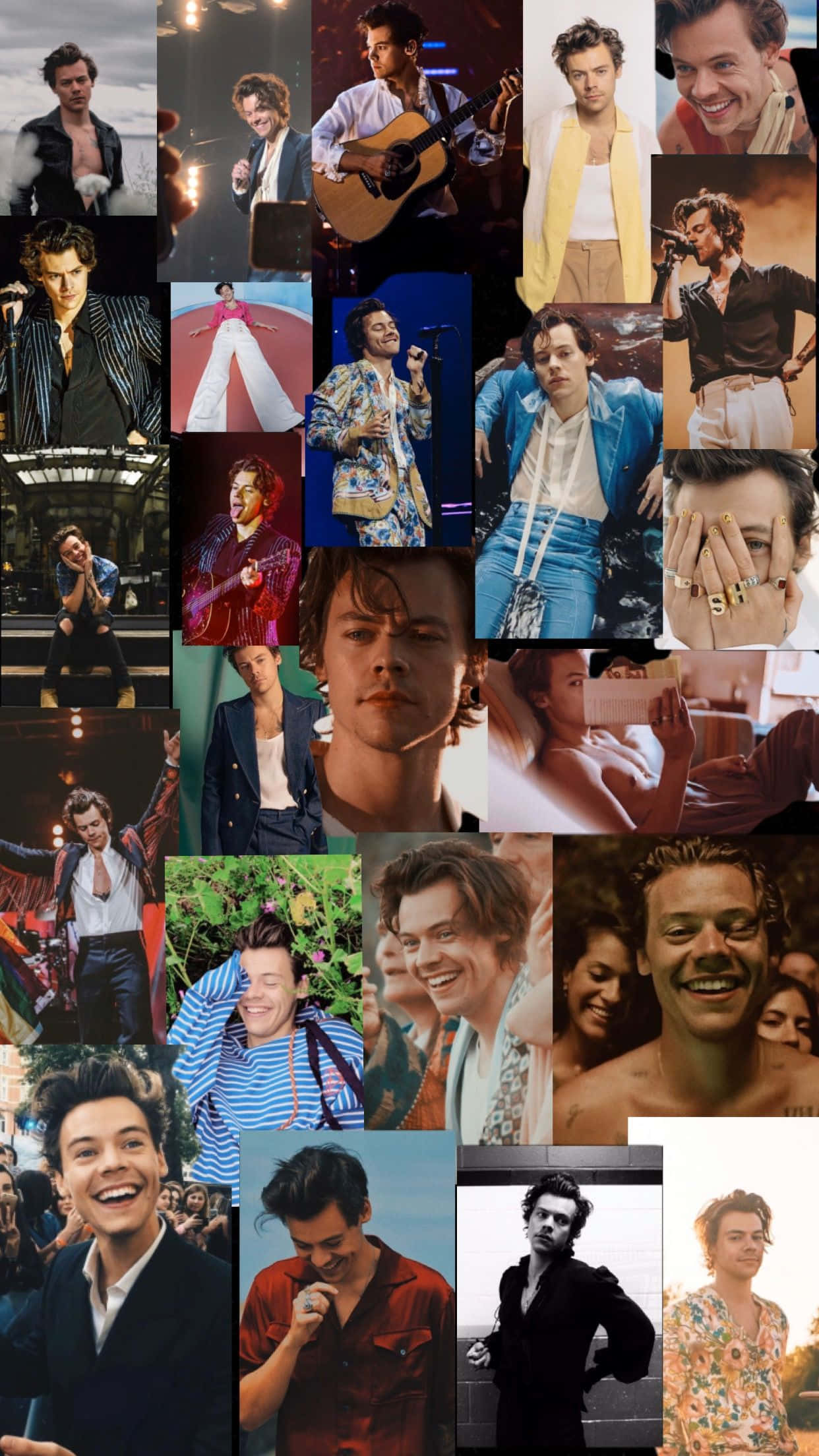 Harry Styles Collage 桌布 壁紙 — 一幅充滿活力的拼貼畫，展示哈利·史泰爾斯在各種服裝和場景中，從音樂會到休閒時刻。