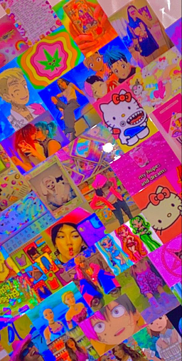 Hello Kitty 桌布 壁紙 — 一幅充滿活力的拼貼畫，展示在霓虹燈下閃耀的動漫角色和流行文化貼紙。