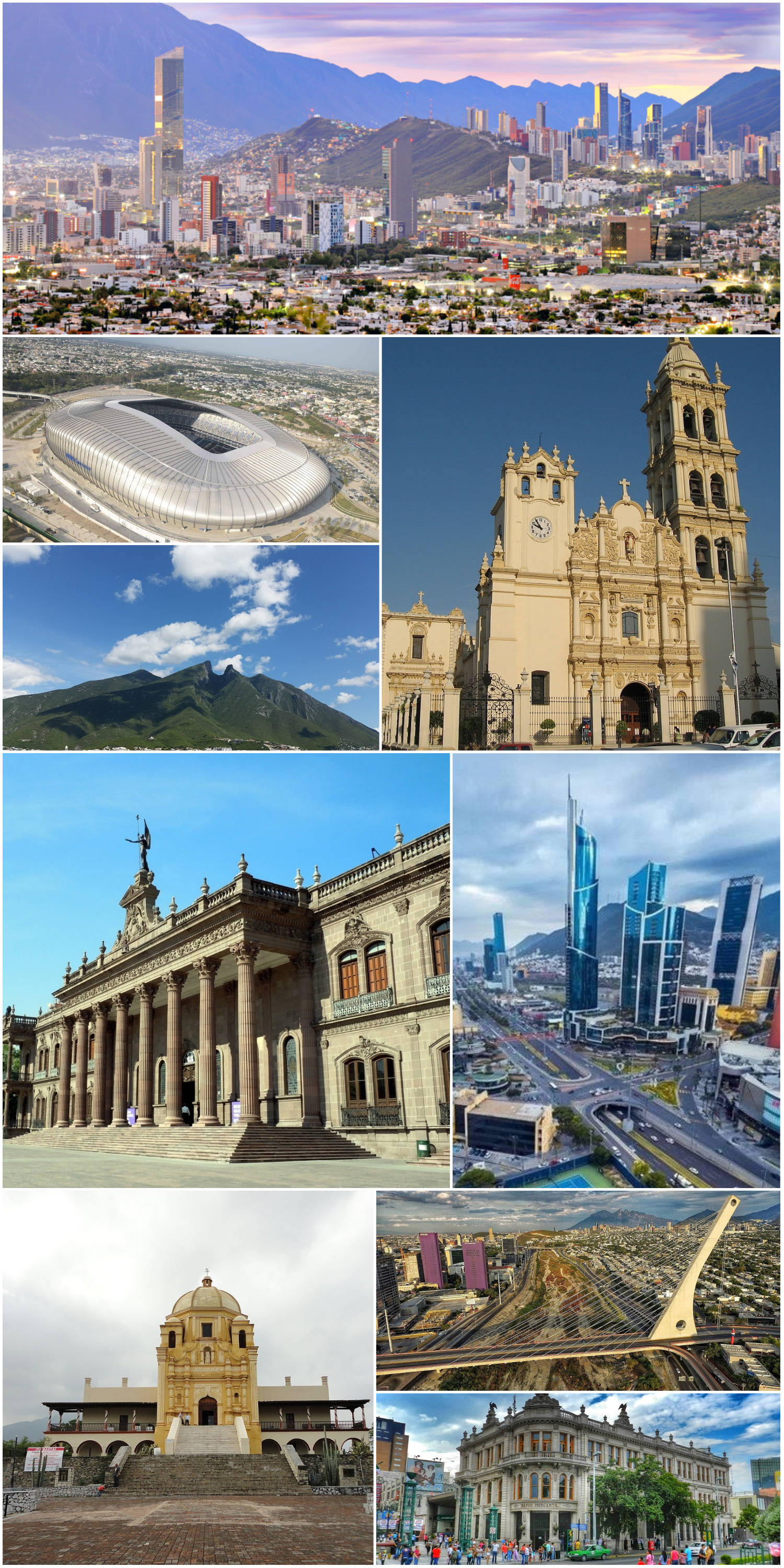 Monterrey 桌布 壁紙 — 一幅充滿活力的拼貼畫，展示墨西哥城的標誌性天際線、歷史悠久的教堂、現代體育場和依山而建的殖民時期建築。