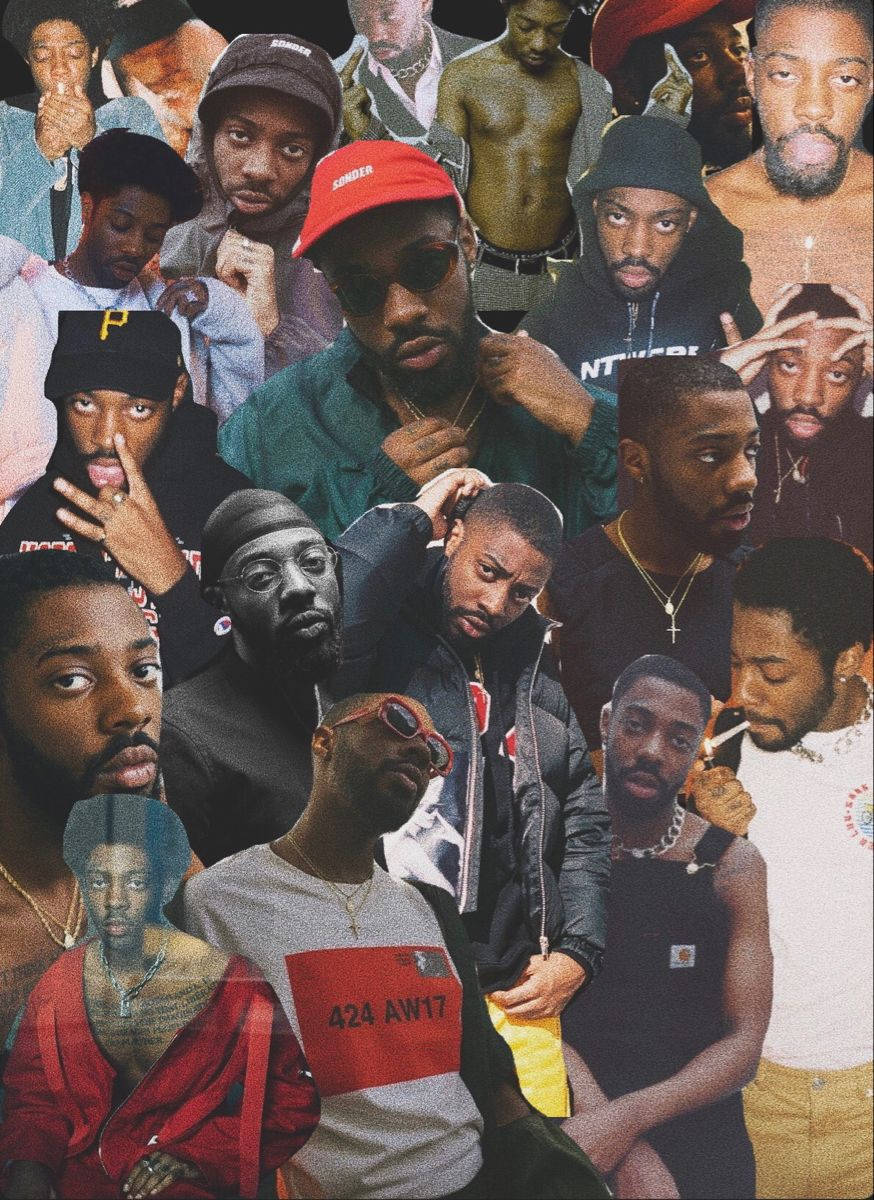 Brent Faiyaz 桌布 壁紙 — 一幅充滿活力的拼貼畫，展示多位不同的黑人男性穿著街頭服飾，以自信的表情和搶眼的配飾擺出姿勢。