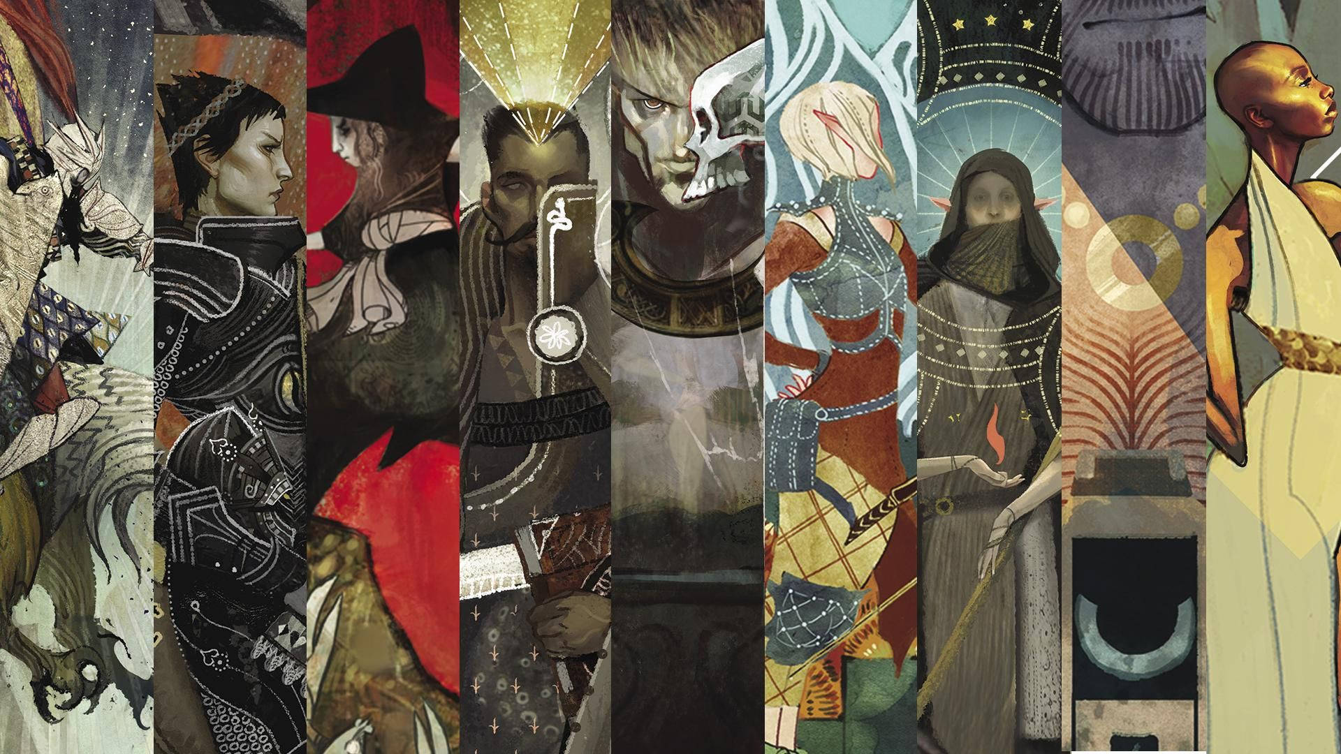 電玩遊戲 桌布 壁紙 — 一幅充滿活力的拼貼畫，展示多樣化的插圖角色，穿著奇幻與神話服飾，每個角色位於垂直面板中，具有豐富的紋理和象徵性細節。