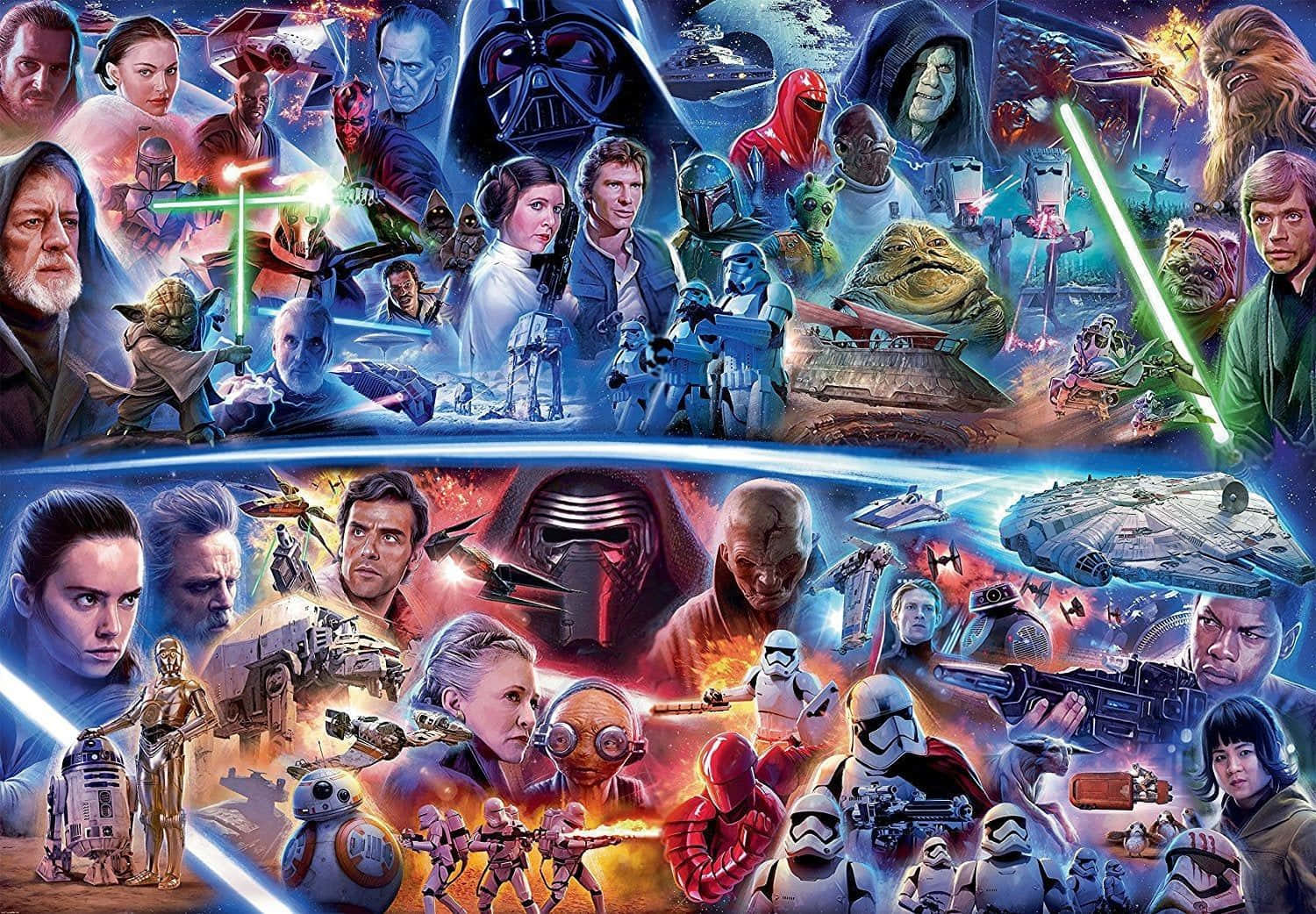 Star Wars Characters 桌布 壁紙 — 一幅充滿活力的拼貼畫，展示多部《星際大戰》電影中的角色和場景，包括光劍、機器人和標誌性太空船，背景為宇宙。
