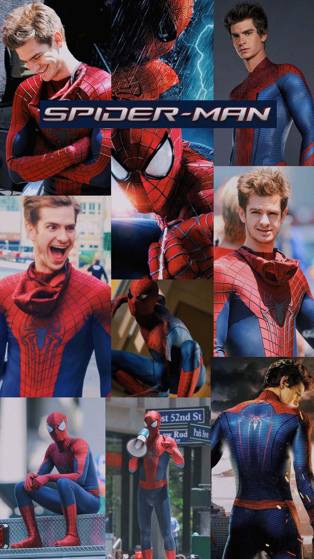 Andrew Garfield Spider Man 桌布 壁紙 — 一幅充滿活力的拼貼畫，展示安德魯·加菲爾德在不同場景中以多種動態姿勢和服裝扮演蜘蛛人。