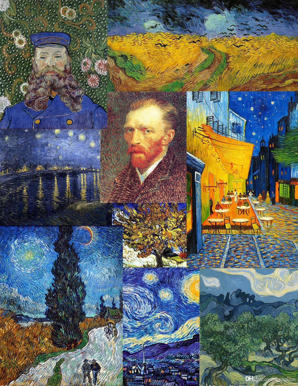 Vincent 桌布 壁紙 — 一幅充滿活力的拼貼畫，展示文森特·梵谷標誌性的畫作，包括漩渦狀的天空、星星、柏樹和咖啡館場景，以其標誌性的大膽筆觸呈現。