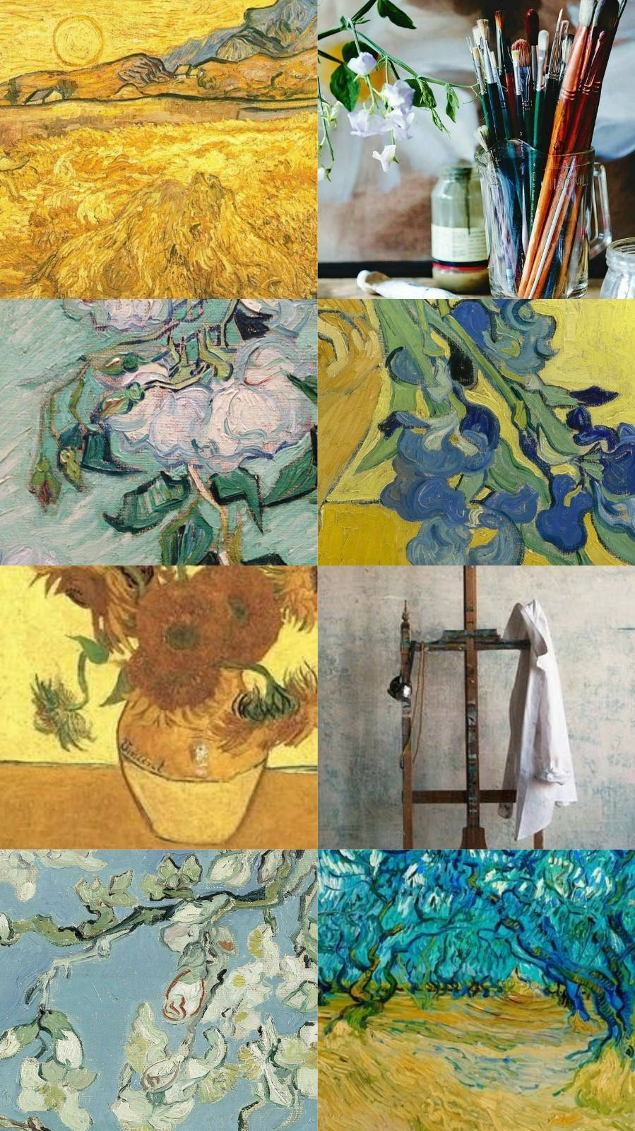 Vincent 桌布 壁紙 — 一幅充滿活力的拼貼畫，展示文森特·梵谷標誌性的畫作，包括向日葵、鳶尾花、杏仁花和麥田，以他標誌性的大膽筆觸呈現。