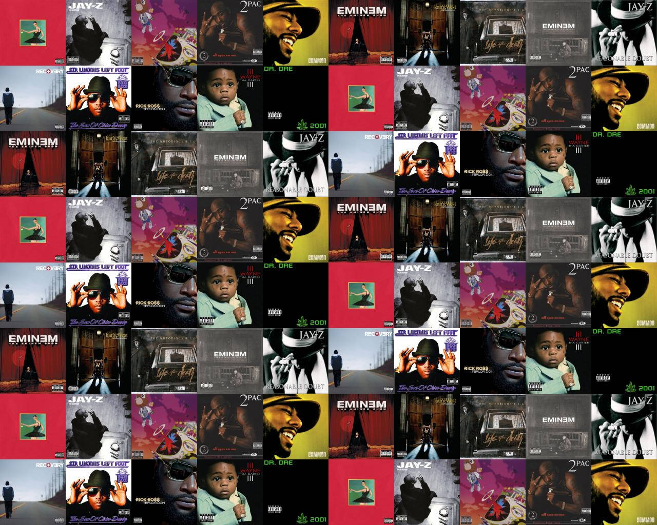 Album Cover 桌布 壁紙 — 一幅充滿活力的拼貼畫，展示標誌性的嘻哈專輯封面，包括Eminem、Jay Z和2Pac等藝人，色彩大膽，姿勢戲劇化。