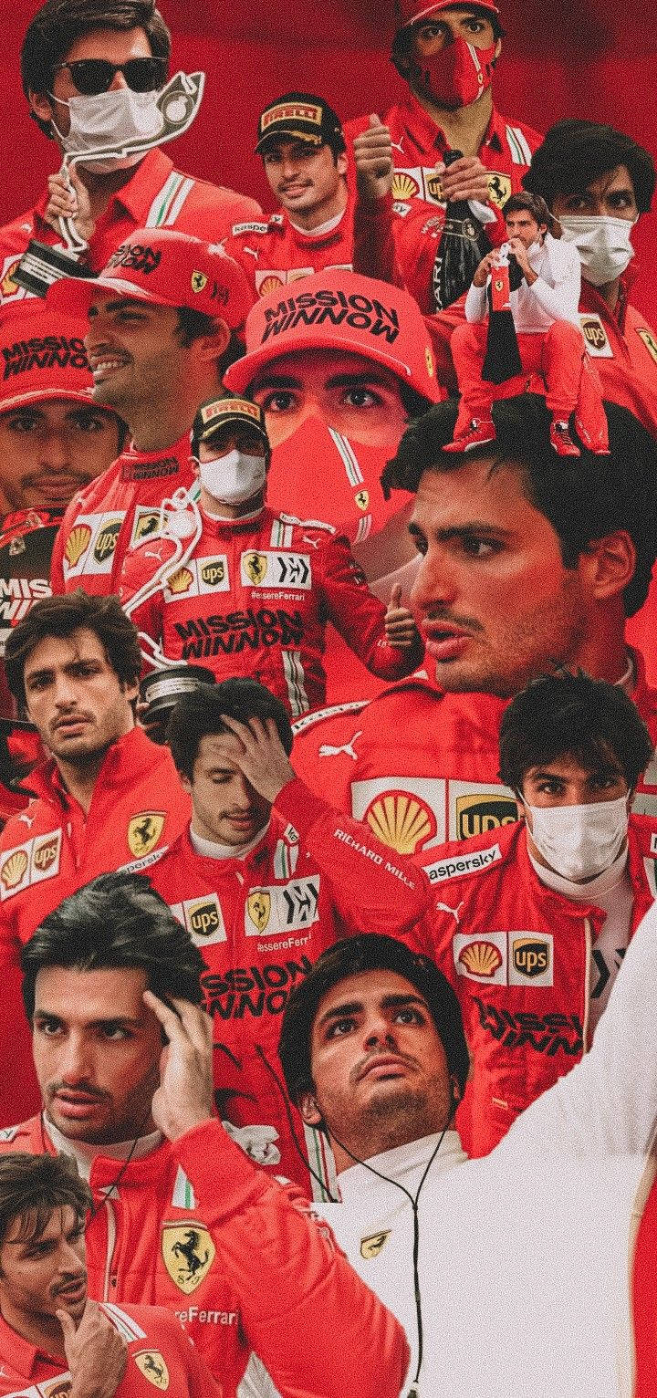 Men 桌布 壁紙 — 一幅充滿活力的拼貼畫，展示法拉利一級方程式車手身穿紅色賽車服和口罩，手持獎盃，面露喜悅地慶祝。