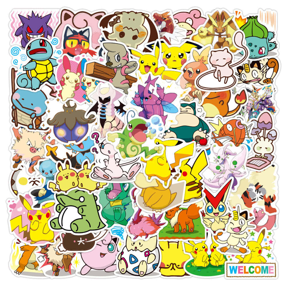 Pokemon Stickers 桌布 壁紙 — 一幅充滿活力的拼貼畫，展示皮卡丘、伊布及其他角色以俏皮姿態呈現的彩色寶可夢貼紙。