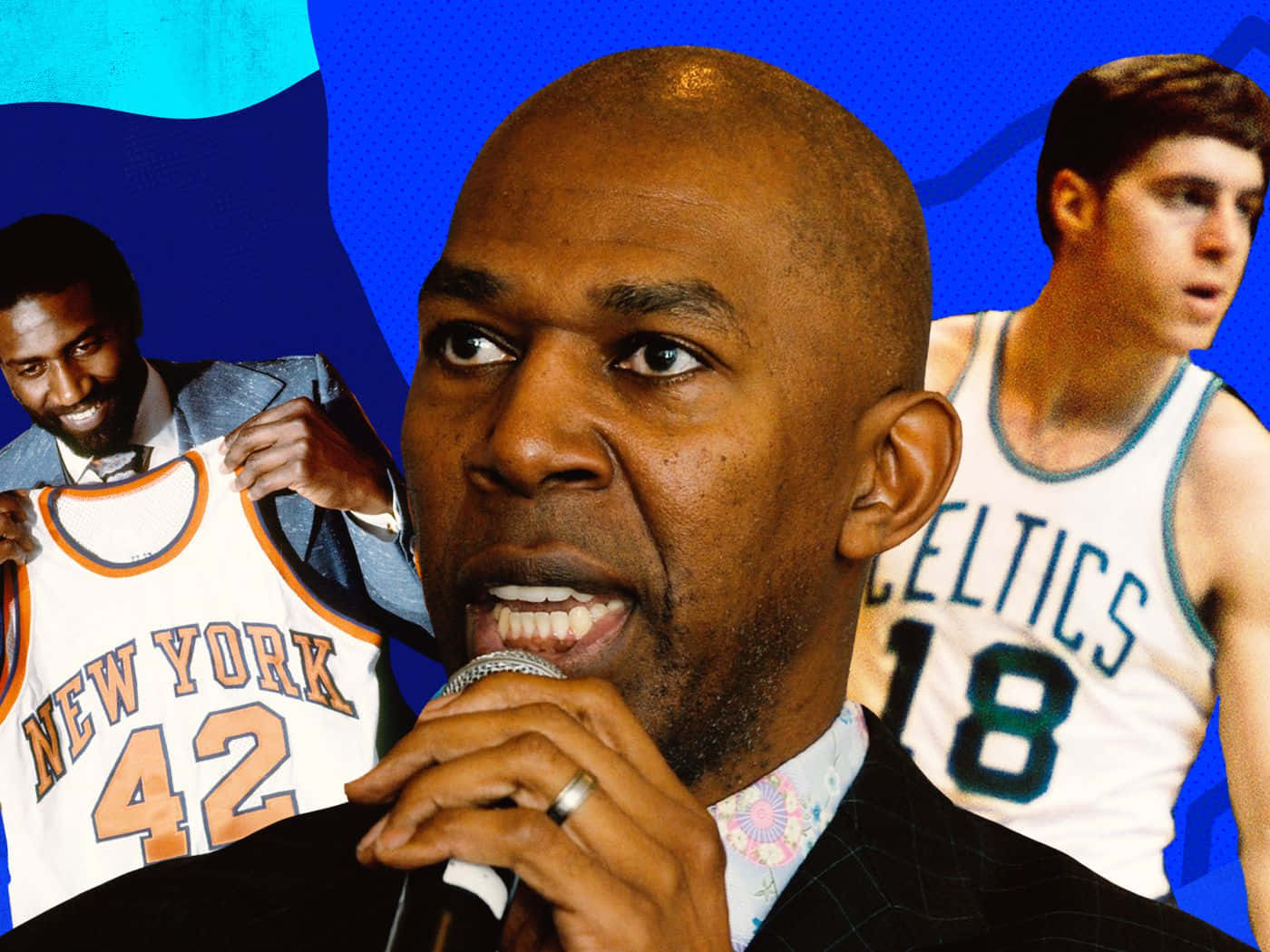 色彩繽紛的拼貼畫中的籃球圖標，其中一位對著麥克風說話。 — NBA 壁紙