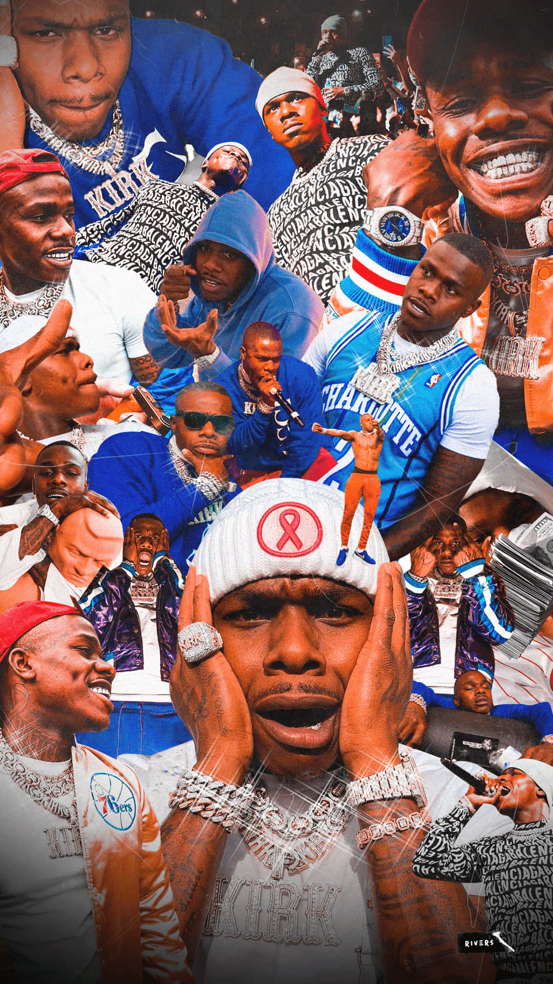 Dababy Cartoon 桌布 壁紙 — 一幅充滿活力的拼貼畫，展示籃球運動員Kemba Walker的多種姿勢和服裝，並疊加大膽的圖案和球隊球衣。