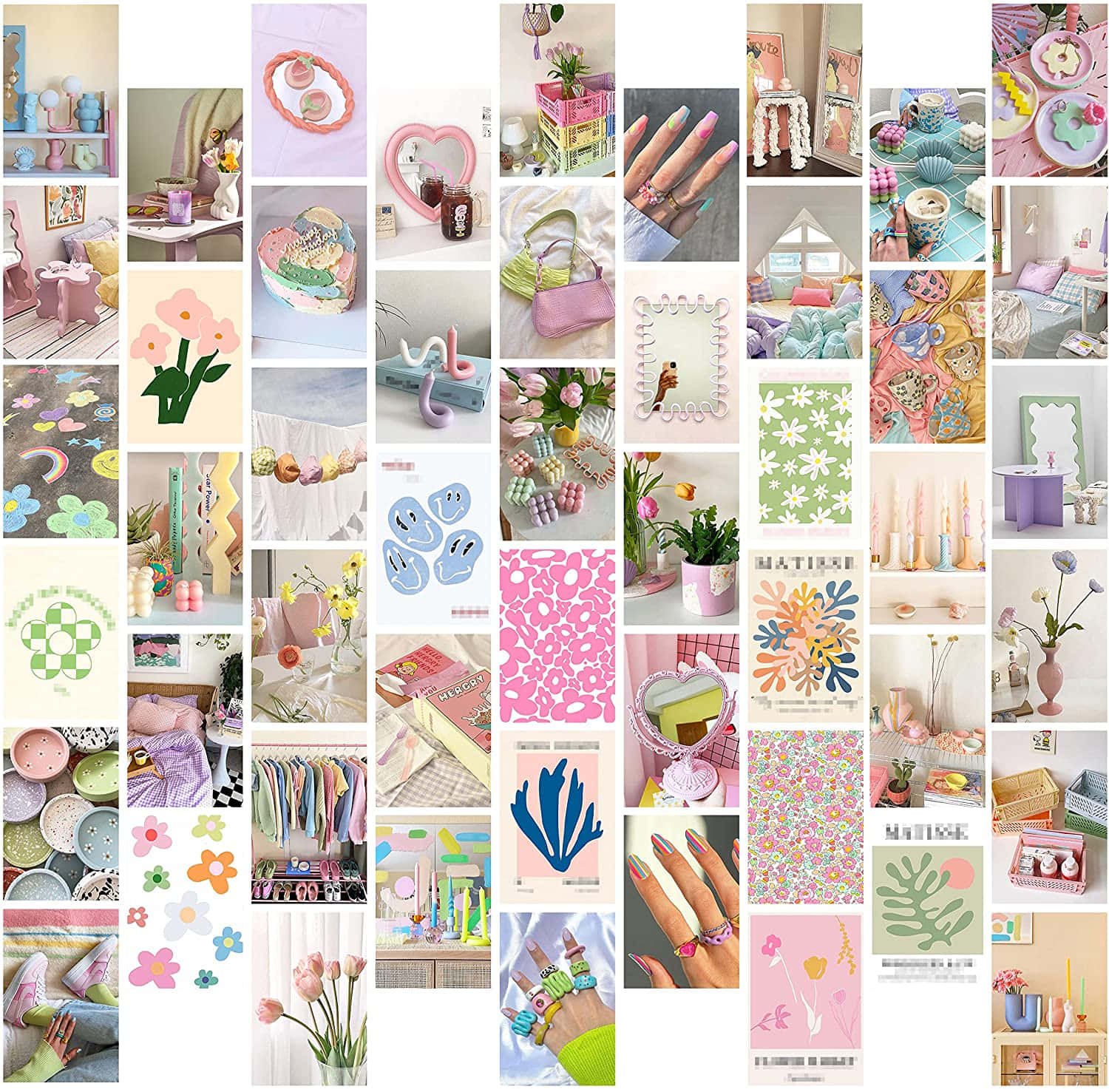 Danish Aesthetic 桌布 壁紙 — 一幅充滿活力的拼貼畫，展示粉彩色調的家居裝飾和生活方式物品，包括花卉圖案、粉紅和薄荷綠點綴，以及奇趣文具。