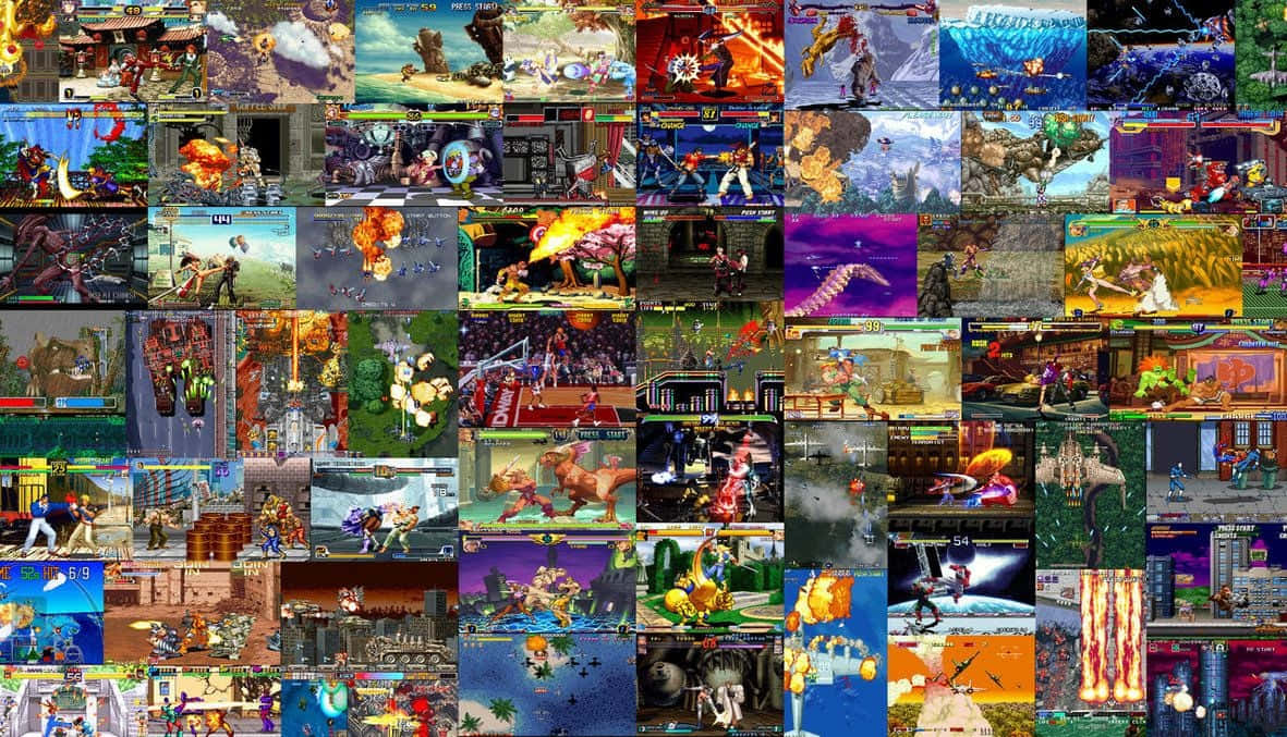 arcade 桌布 壁紙 — 一幅充滿活力的拼貼畫，展示經典2D格鬥遊戲場景，色彩繽紛的角色在各種像素化競技場中戰鬥。