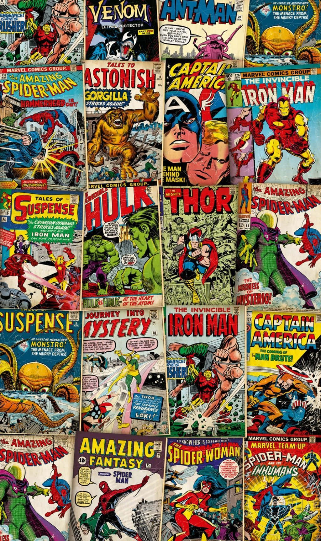 Comics 桌布 壁紙 — 一幅充滿活力的拼貼畫，展示經典Marvel漫畫封面， featuring 蜘蛛人、浩克和鋼鐵人等標誌性英雄，採用大膽的復古藝術風格。