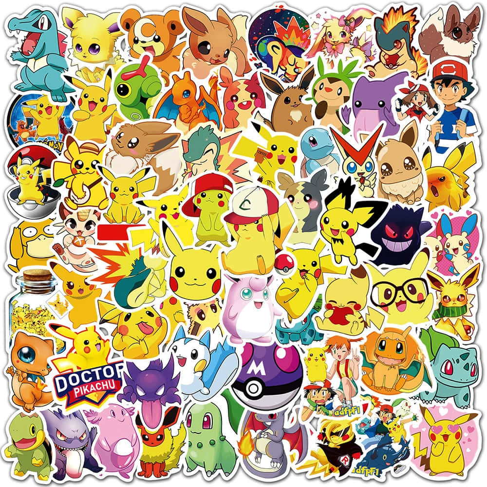 Pokemon Stickers 桌布 壁紙 — 一幅充滿活力的拼貼畫，展示色彩繽紛的寶可夢貼紙，包括皮卡丘、伊布及其他角色，呈現多種姿勢和表情。