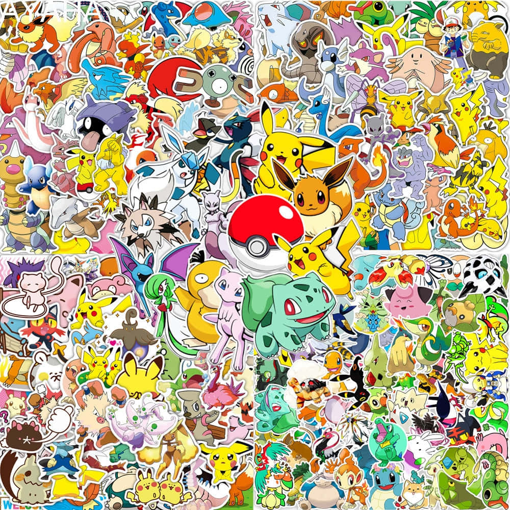 Pokemon Stickers 桌布 壁紙 — 一幅充滿活力的拼貼畫，展示色彩繽紛的寶可夢貼紙，包括皮卡丘、妙蛙種子及其他標誌性角色，排列密集且充滿玩味。