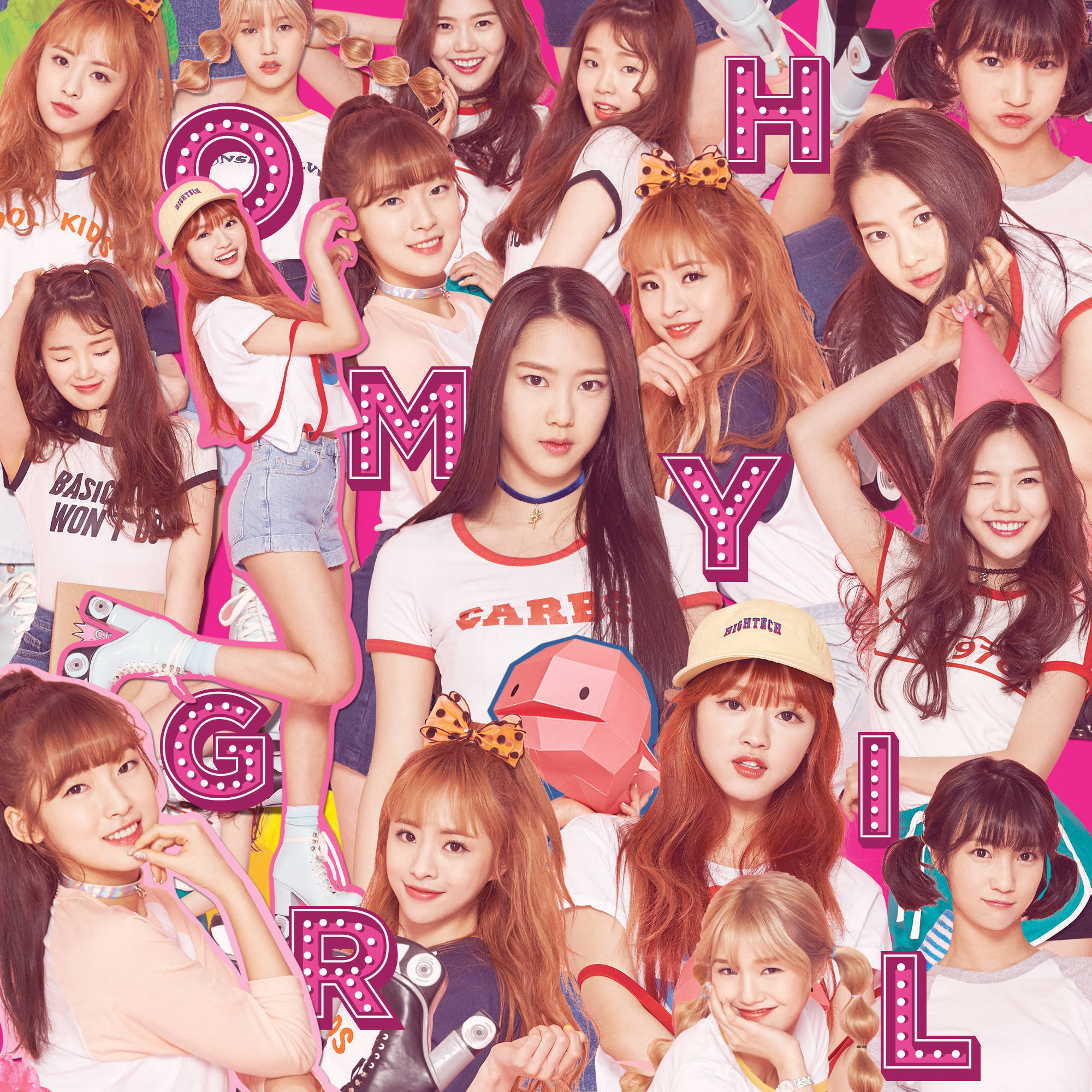my 桌布 壁紙 — 一幅充滿活力的拼貼畫，年輕女偶像們圍繞著拼出「OH MY GIRL」的大型粉紅色閃亮字母俏皮地擺姿勢。