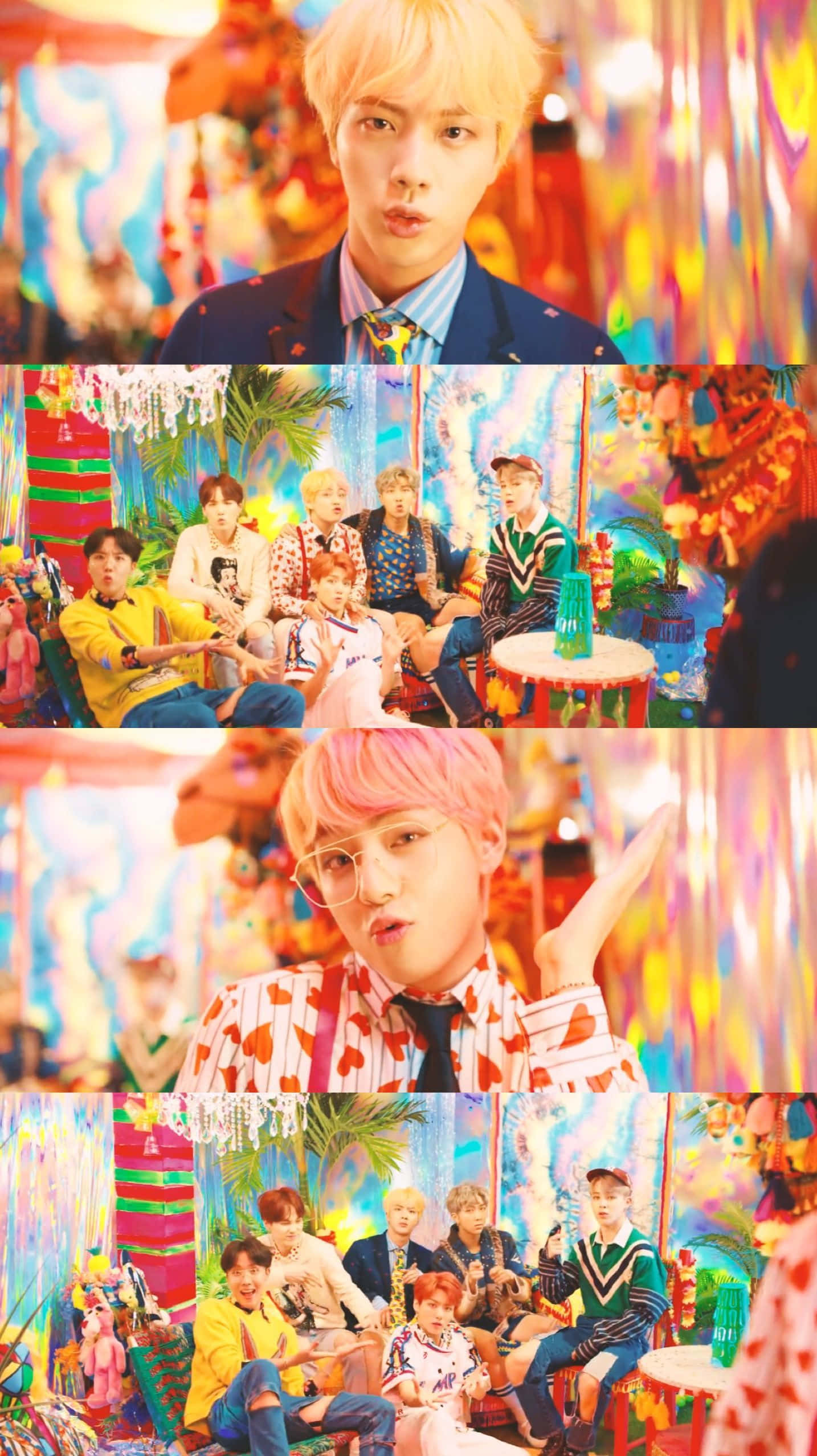 The Idol 桌布 壁紙 — 一幅充滿活力的拼貼畫，年輕男子穿著色彩繽紛的服裝，在迷幻糖果主題的房間裡，搭配明亮的燈光和熱帶裝飾擺姿勢。