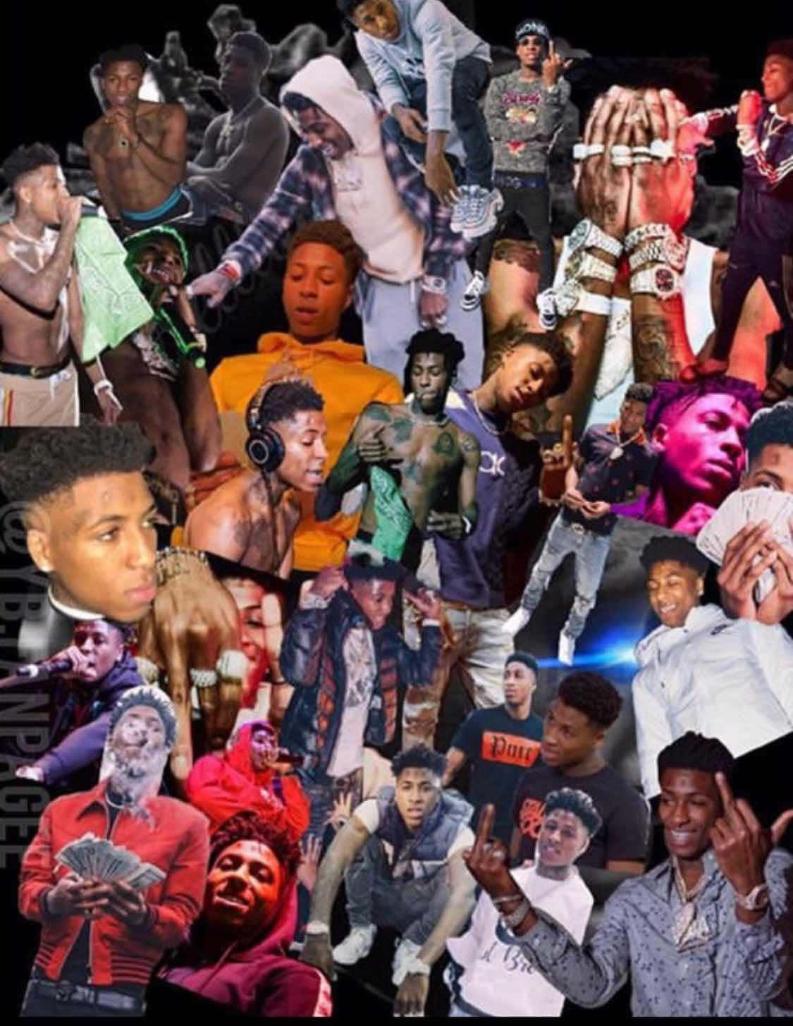 Youngboy 桌布 壁紙 — 一幅充滿活力的拼貼畫，年輕男性穿著街頭服飾，在深色背景前自信地展示珠寶和金錢。
