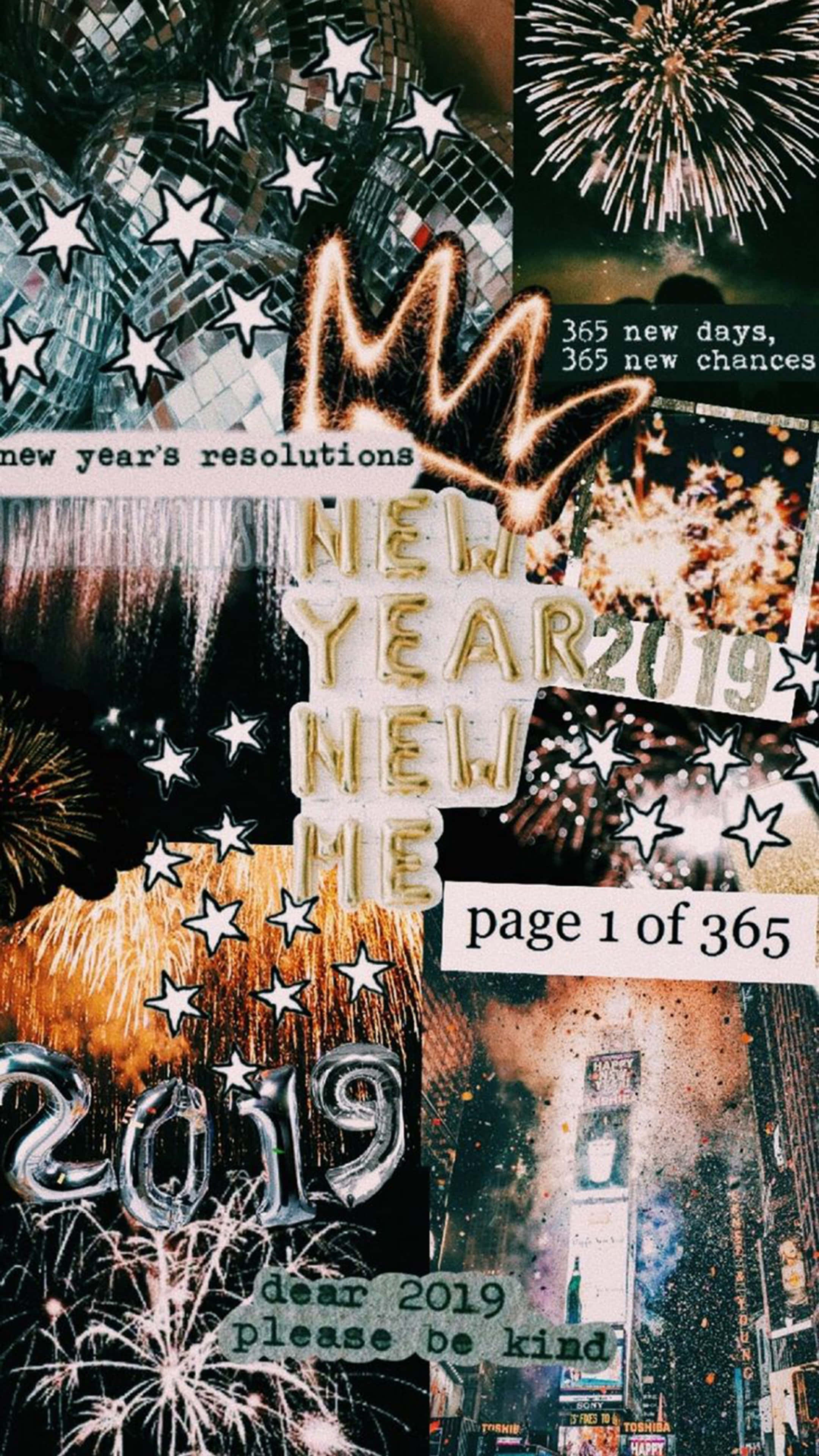 Vsco 桌布 壁紙 — 一幅充滿活力的拼貼畫，慶祝2019年新年，包含煙火、星星、氣球和勵志文字，背景為深色。