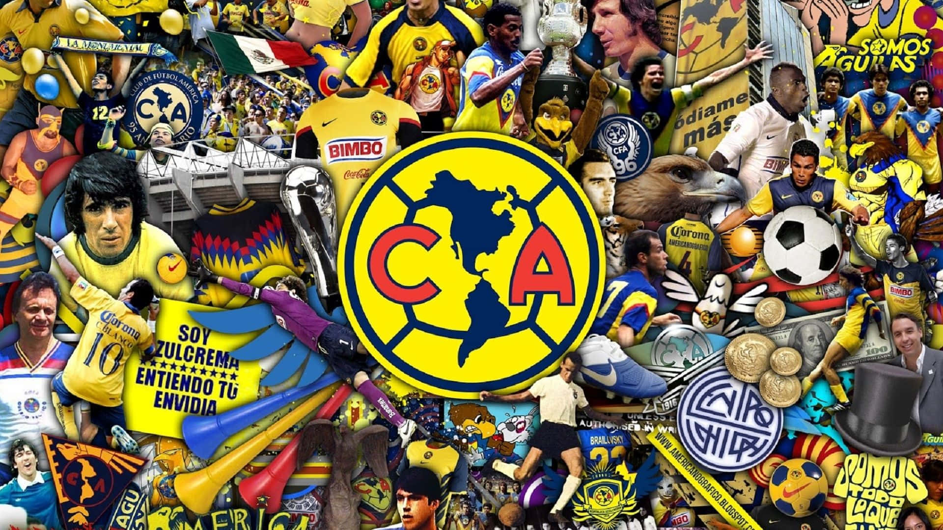 Club America 桌布 壁紙 — 一幅充滿活力的拼貼畫，慶祝Club América足球俱樂部，包含球員、獎盃、球迷和球隊標誌，採用大膽的黃色、藍色和紅色。