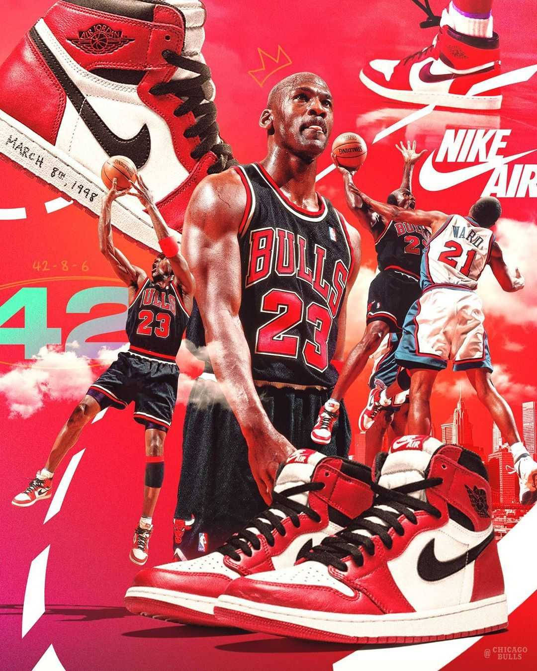 麥可喬丹身穿公牛隊球衣，搭配Air Jordan 1運動鞋和籃球動作鏡頭。 — Michael B Jordan 壁紙