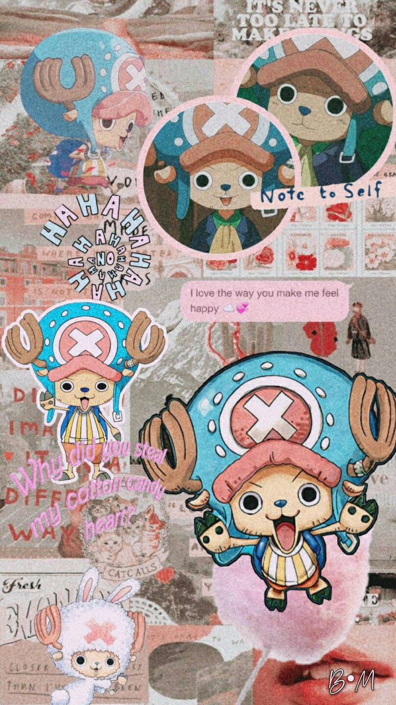 動漫 桌布 壁紙 — 一幅充滿活力的拼貼畫，描繪《One Piece》中的喬巴以各種愉快姿勢，襯托著分層剪貼簿背景，上面有文字和塗鴉。