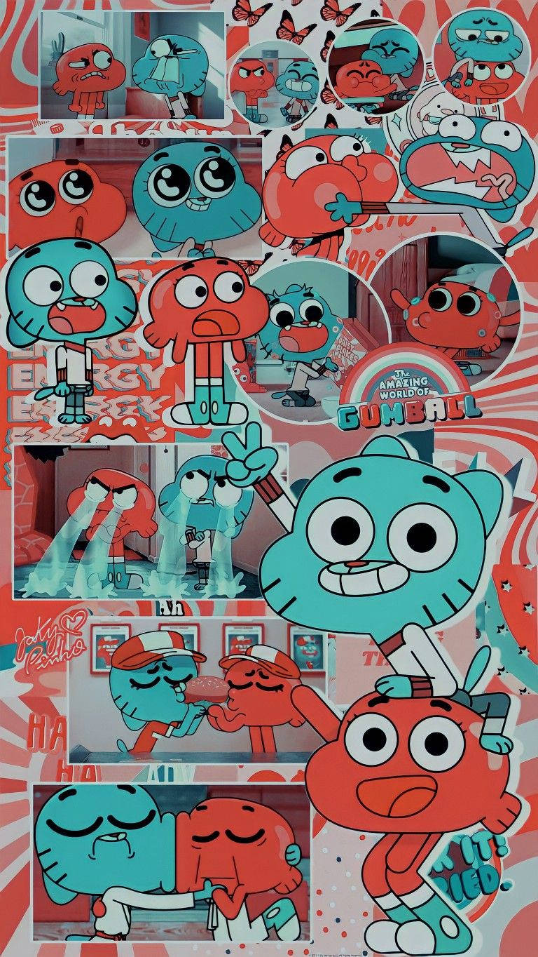 Cartoon 桌布 壁紙 — 一幅充滿活力的拼貼畫，描繪《The Amazing World of Gumball》中的甘寶和達爾文在各種表情豐富的卡通場景中。