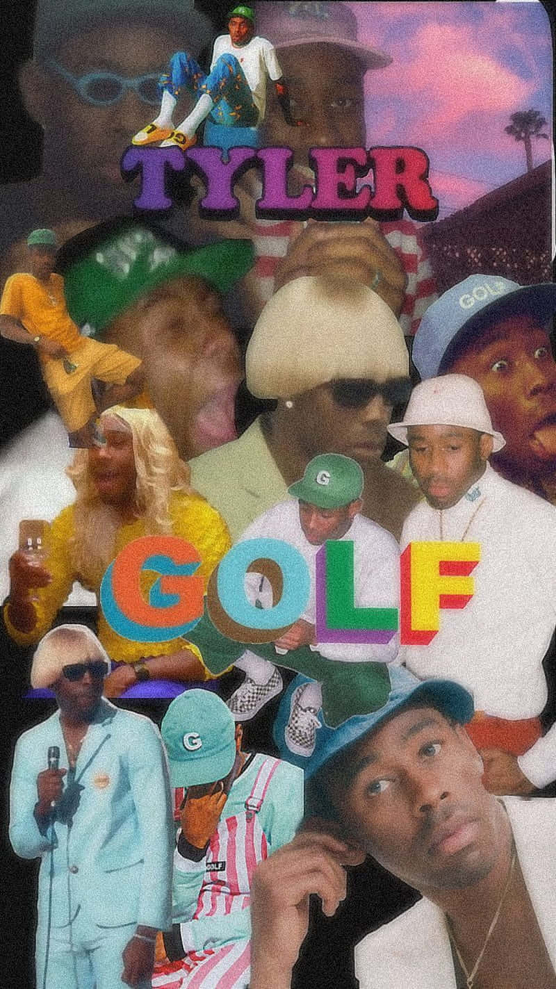 桌布 壁紙 — 一幅充滿活力的拼貼畫，描繪 Tyler the Creator 穿著各種色彩繽紛的服裝和姿勢，背景是超現實的天空。