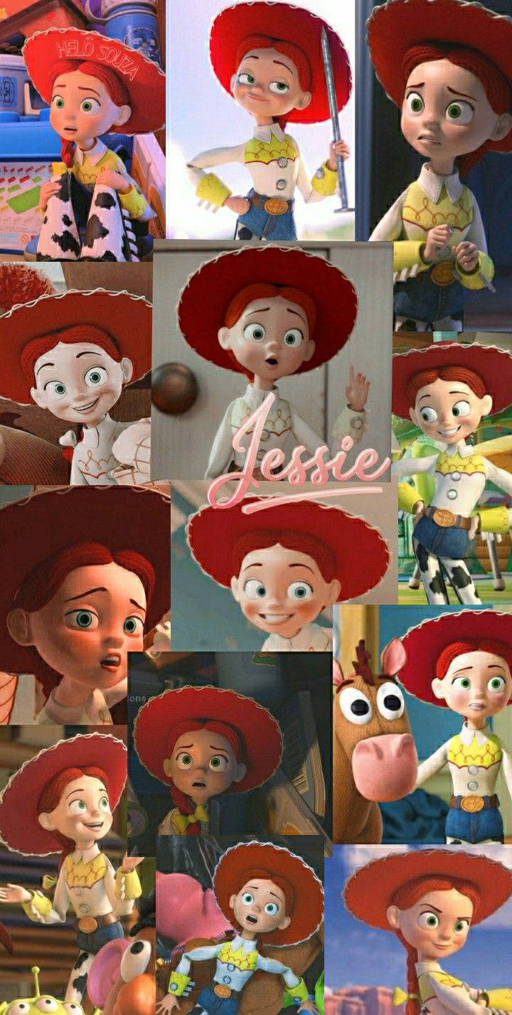 Jessie 桌布 壁紙 — 一幅充滿活力的拼貼畫，描繪《玩具總動員》中的潔西穿著標誌性的紅色帽子和乳牛印花襯衫，擺出各種富有表情的姿勢。