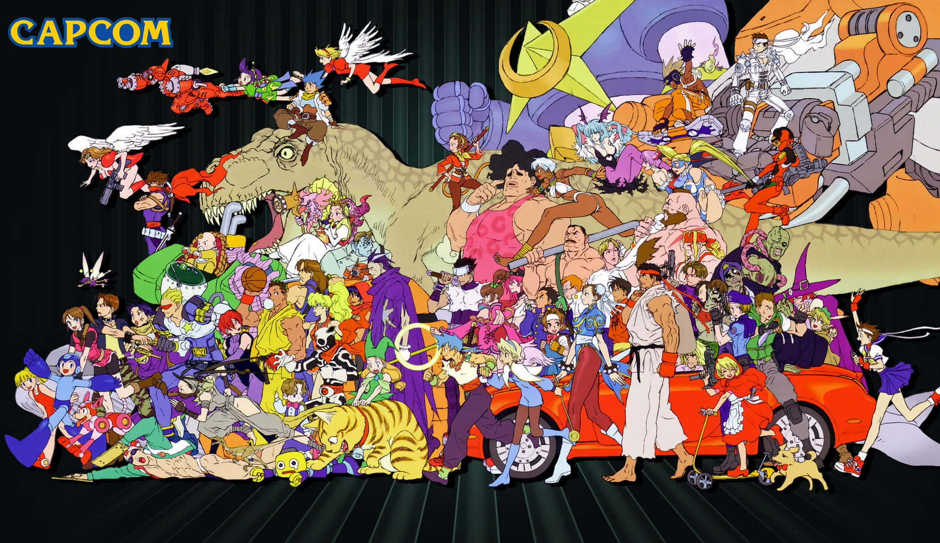 Marvel Vs Capcom Characters 桌布 壁紙 — 一幅充滿活力的拼貼畫，描繪Capcom電子遊戲角色在黑暗舞台背景前擺出動態姿勢。