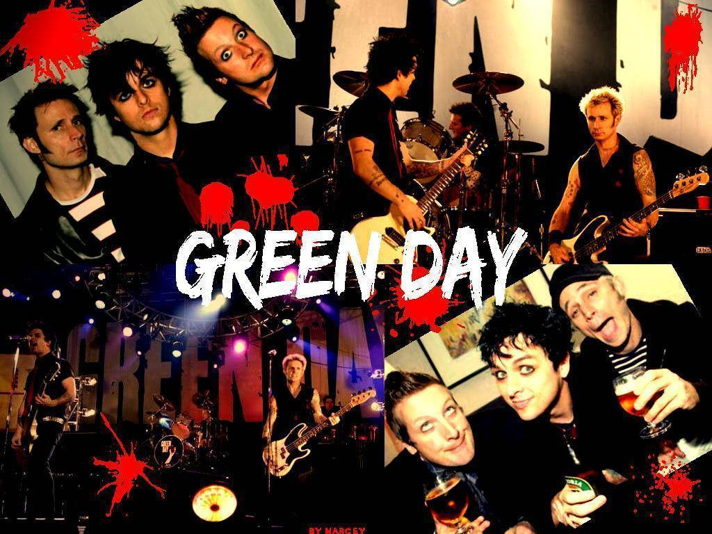 Green Day 桌布 壁紙 — 一幅充滿活力的拼貼畫，描繪Green Day樂團成員在舞台燈光和紅色潑濺圖形背景下，手持吉他和飲料表演和擺姿勢。