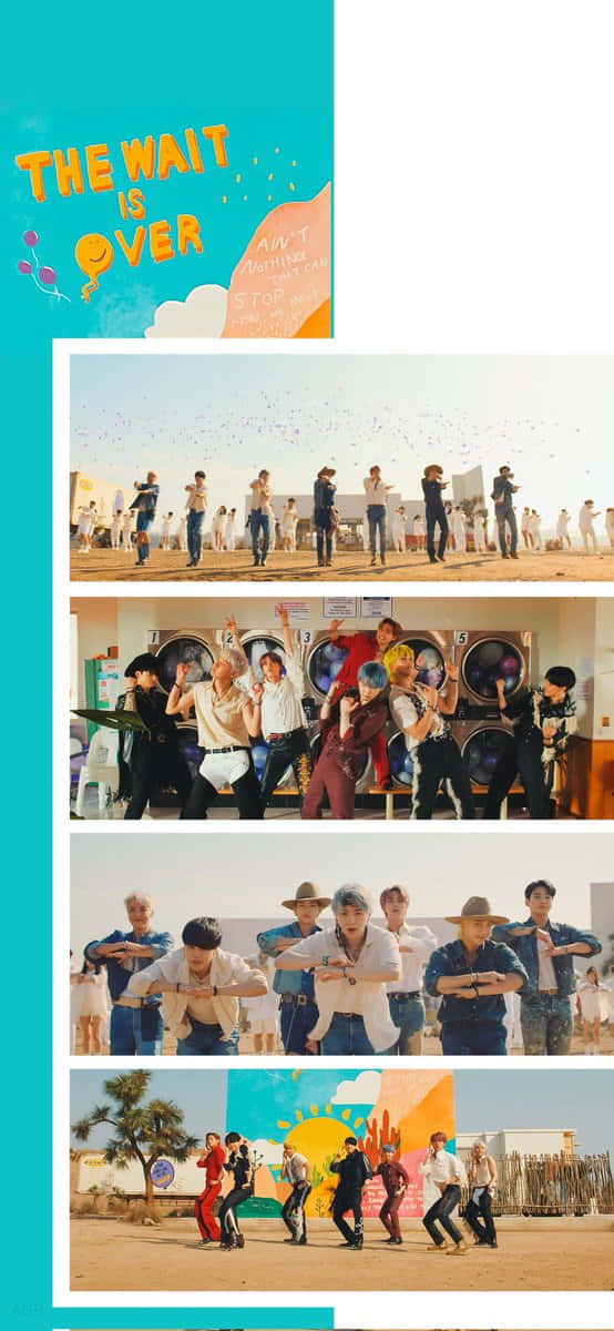 Bts Permission To Dance 桌布 壁紙 — 一幅充滿活力的拼貼畫，描繪K-pop團體在沙漠和洗衣店場景中，在明媚陽光下動感地擺姿勢。