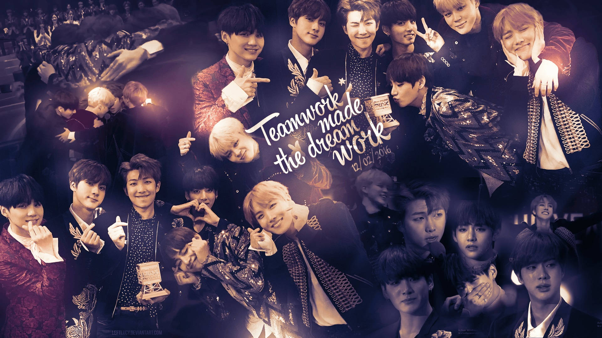 BTS 筆電 桌布 壁紙 — 一幅充滿活力的拼貼畫，描繪K-pop偶像穿著華麗服裝，在戲劇性的舞台燈光下，帶著自信的笑容和俏皮的姿勢。