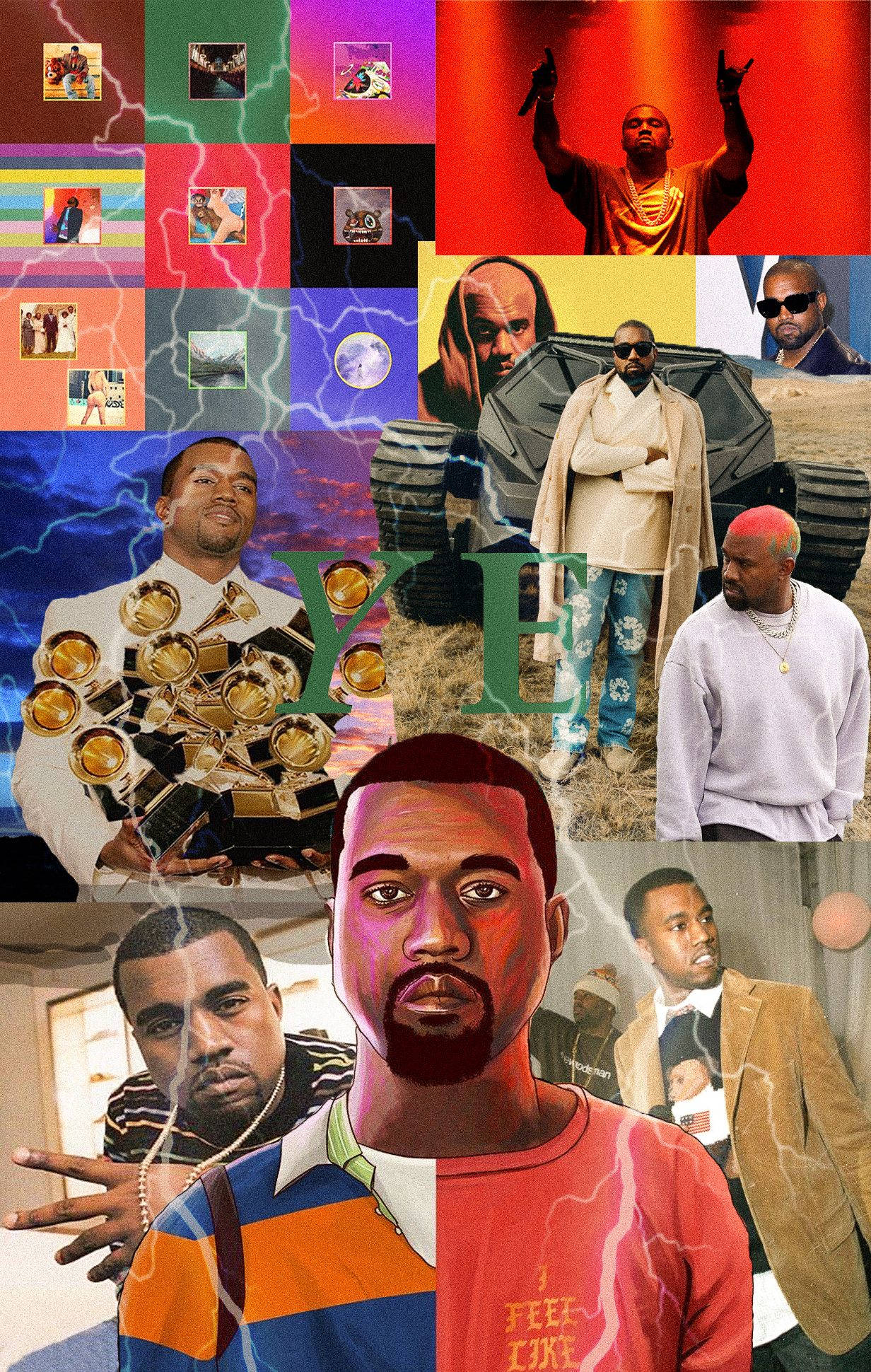 Kanye West Album Cover 桌布 壁紙 — 一幅充滿活力的拼貼畫，描繪Kanye West以各種標誌性姿勢和服裝，搭配色彩繽紛的抽象背景和閃電效果。