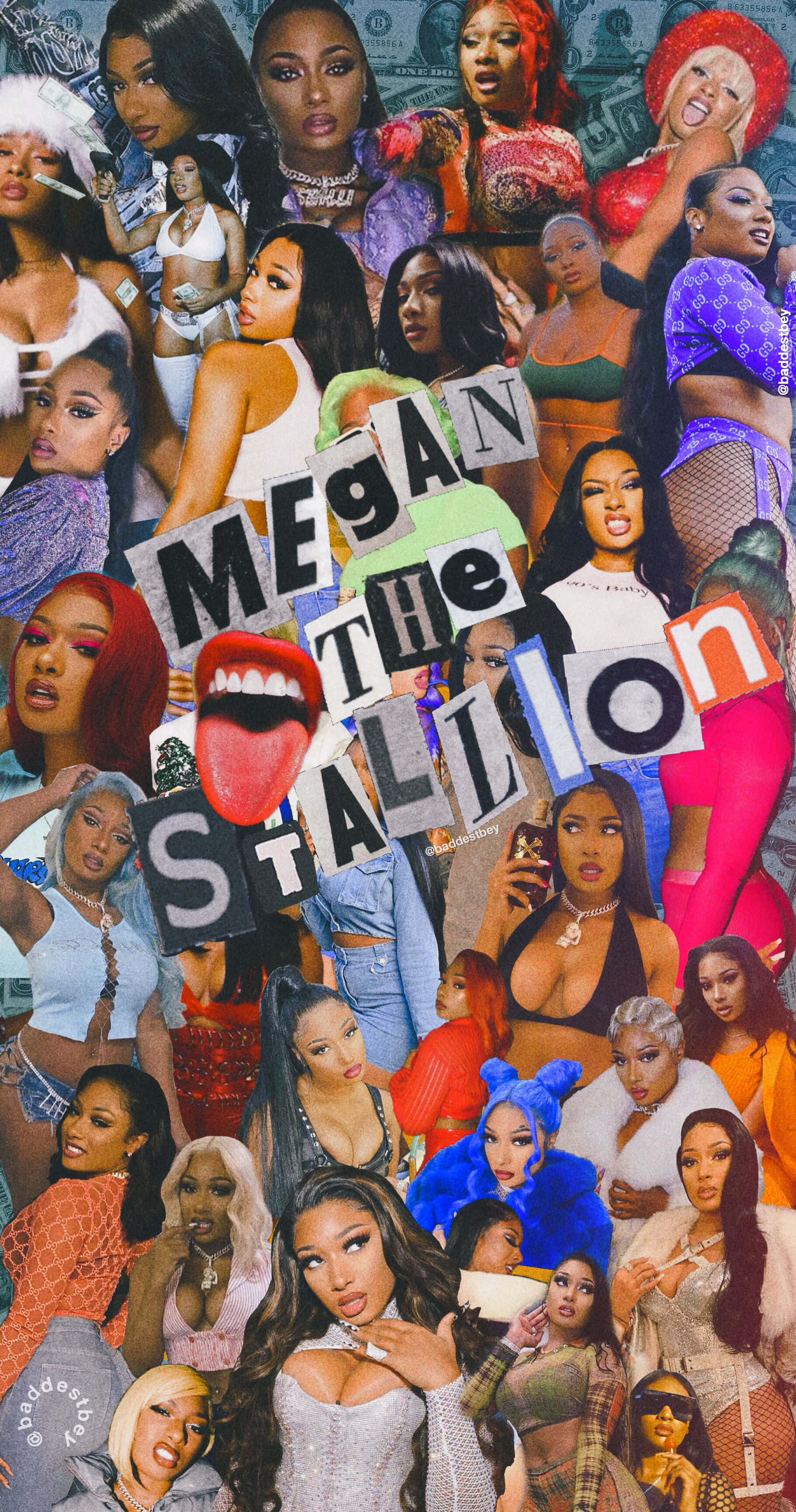 Rapper Collage 桌布 壁紙 — 一幅充滿活力的拼貼畫，描繪Megan The Stallion穿著各種大膽服裝和姿勢，並有美元鈔票和她的名字以剪字形式呈現。