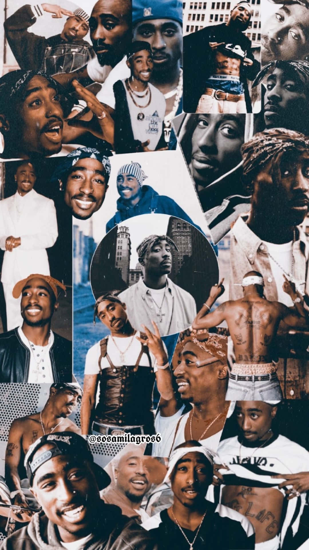 Rapper Collage 桌布 壁紙 — 一幅充滿活力的拼貼畫，描繪Tupac Shakur以各種標誌性姿勢和服裝出現在城市背景中。