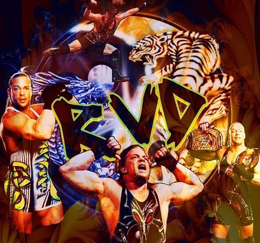 WWE 桌布 壁紙 — 一幅充滿活力的拼貼畫，描繪WWE摔角手以動態姿勢，伴隨著咆哮的老虎和發光的冠軍腰帶，背景是宇宙。