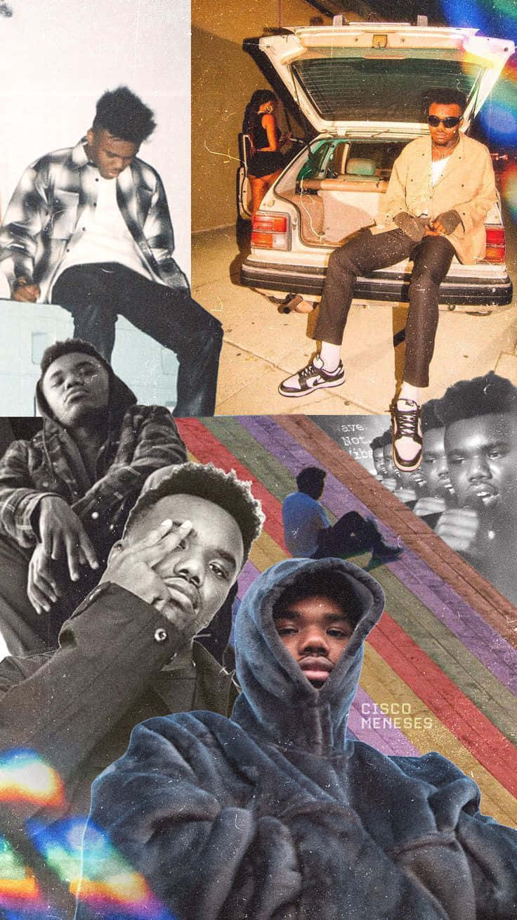 Hip Hop Album Covers 桌布 壁紙 — 一幅充滿活力的拼貼畫，描繪一位年輕男子以各種都市姿勢出現，帶有彩虹光效和塗鴉紋理。