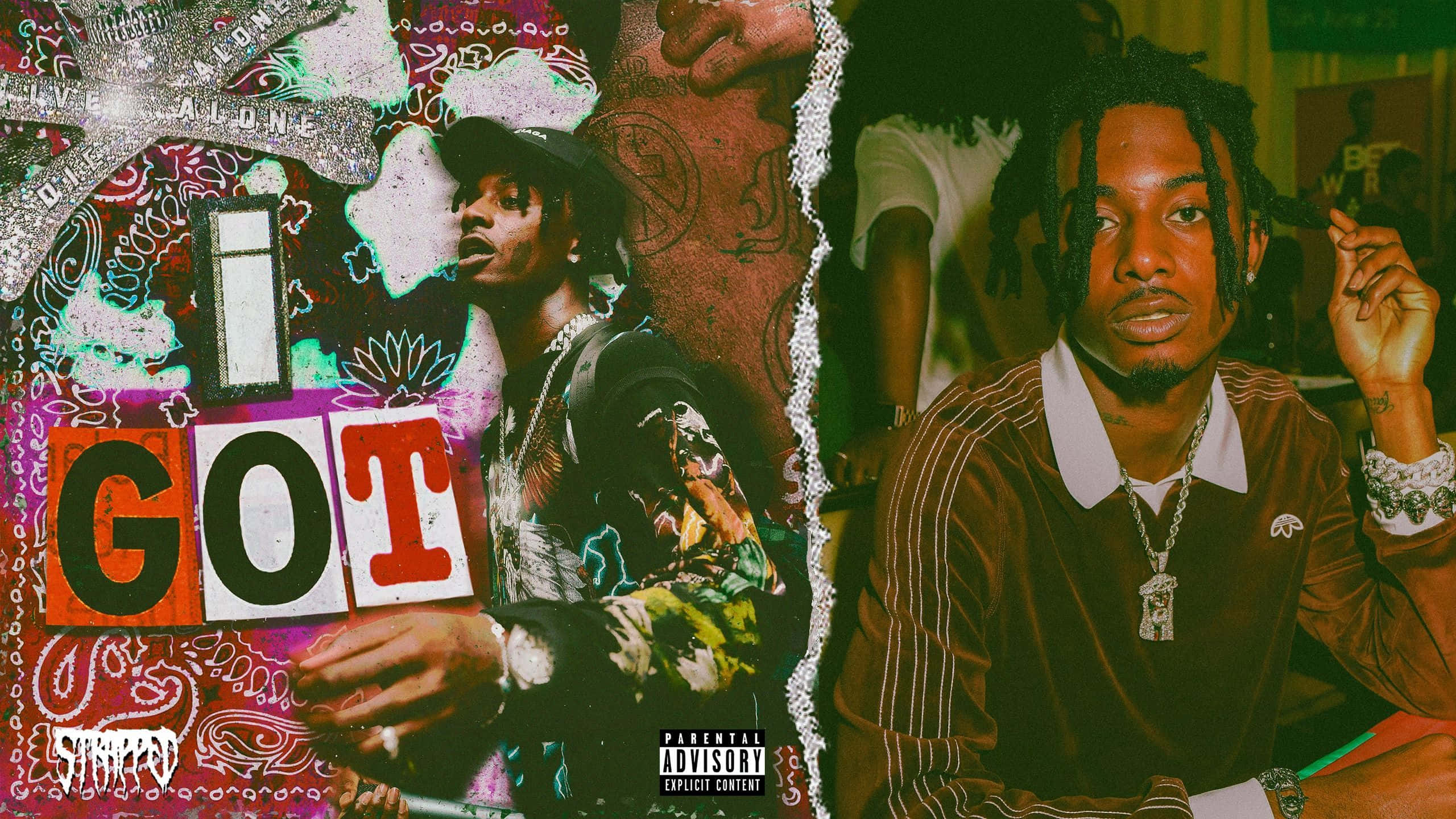 Playboi Carti 桌布 壁紙 — 一幅充滿活力的拼貼畫，描繪一位戴帽子和鏈條的饒舌歌手，背景是塗鴉風格，帶有粗體文字和Parental Advisory標籤。