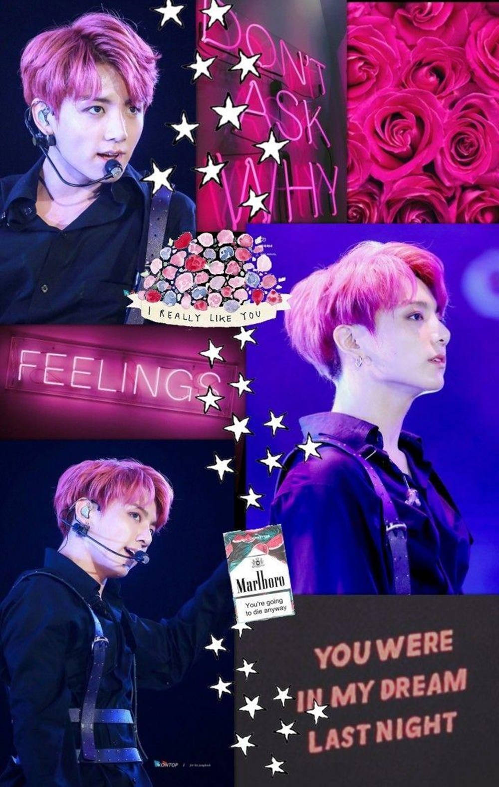 BTS 桌布 壁紙 — 一幅充滿活力的拼貼畫，描繪一位粉紅色頭髮的K-pop偶像在舞台上表演，周圍環繞著玫瑰、星星和浪漫的歌詞。