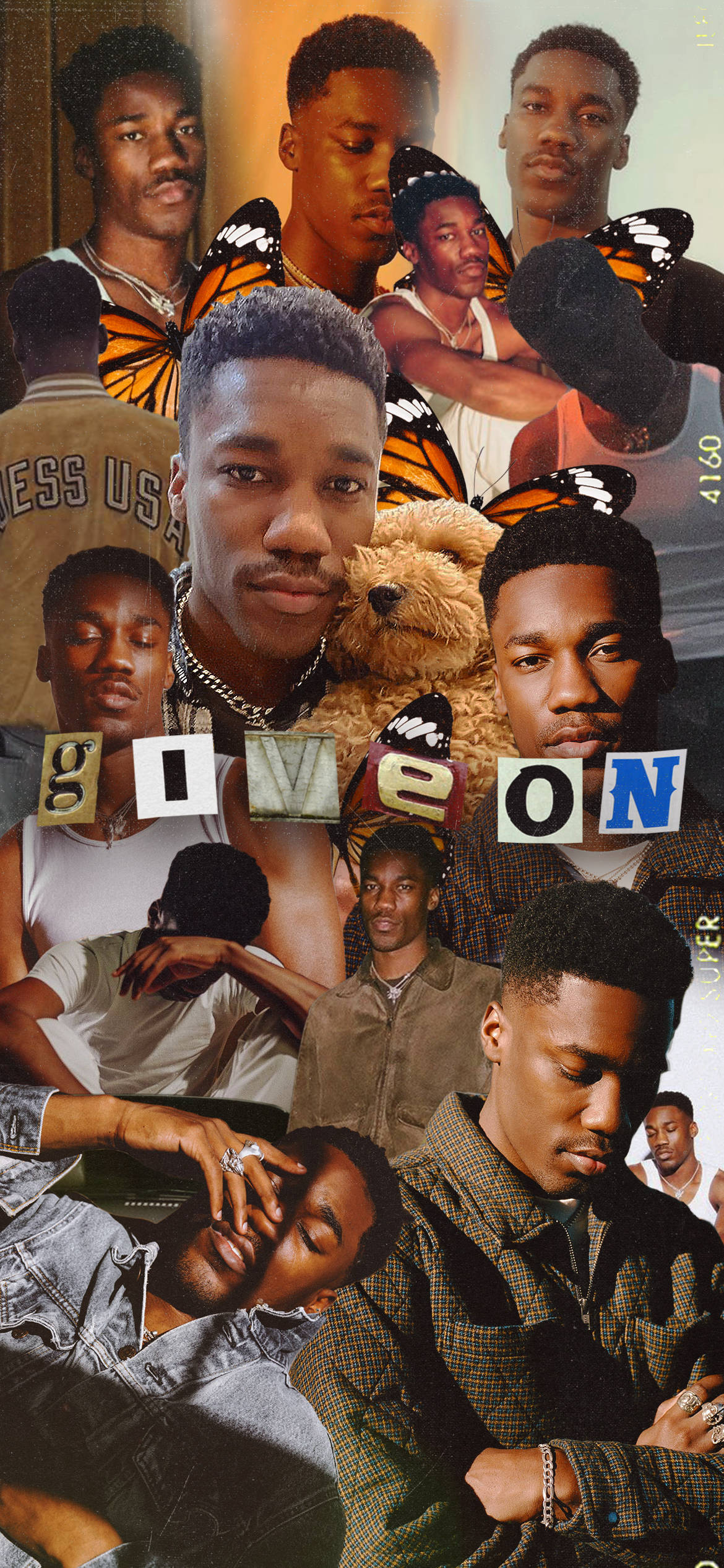 Giveon 桌布 壁紙 — 一幅充滿活力的拼貼畫，描繪一名黑人男子以不同姿勢與帝王斑蝶和泰迪熊互動，並以粗體字呈現「GIVE ON」字樣。
